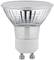 Een LED-lamp in GU10-vorm, aluminium behuizing, zilverkleurig, vooraanzicht.