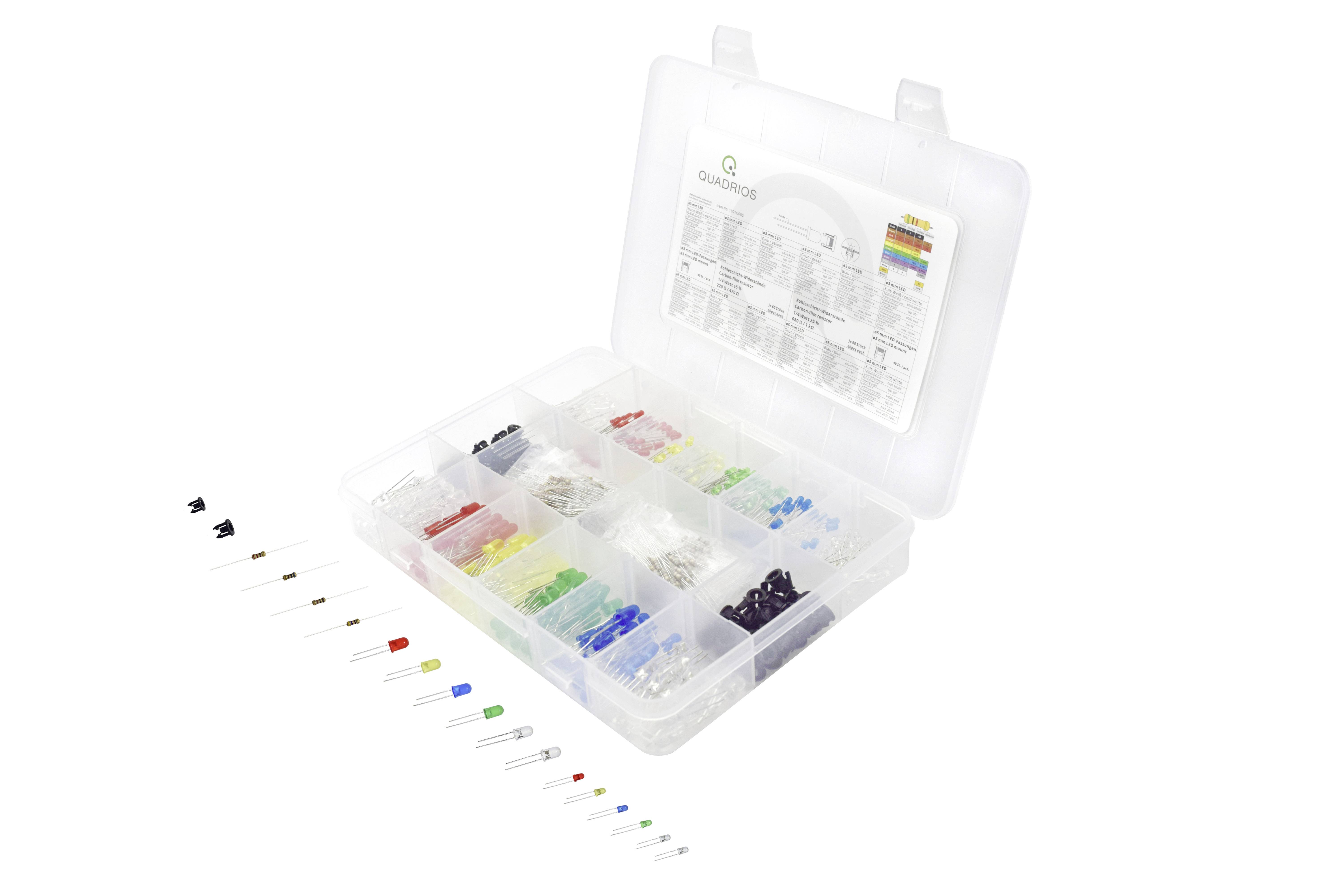 Plastic doos met meerdere compartimenten, gevuld met steckbruggen in verschillende kleuren en elektronische componenten voor printplaten.