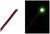 Twee afbeeldingen van een kabel met LED-verlichting. Links: Rood en zwart kabeleinde. Rechts: LED licht groen op in een donkere omgeving.