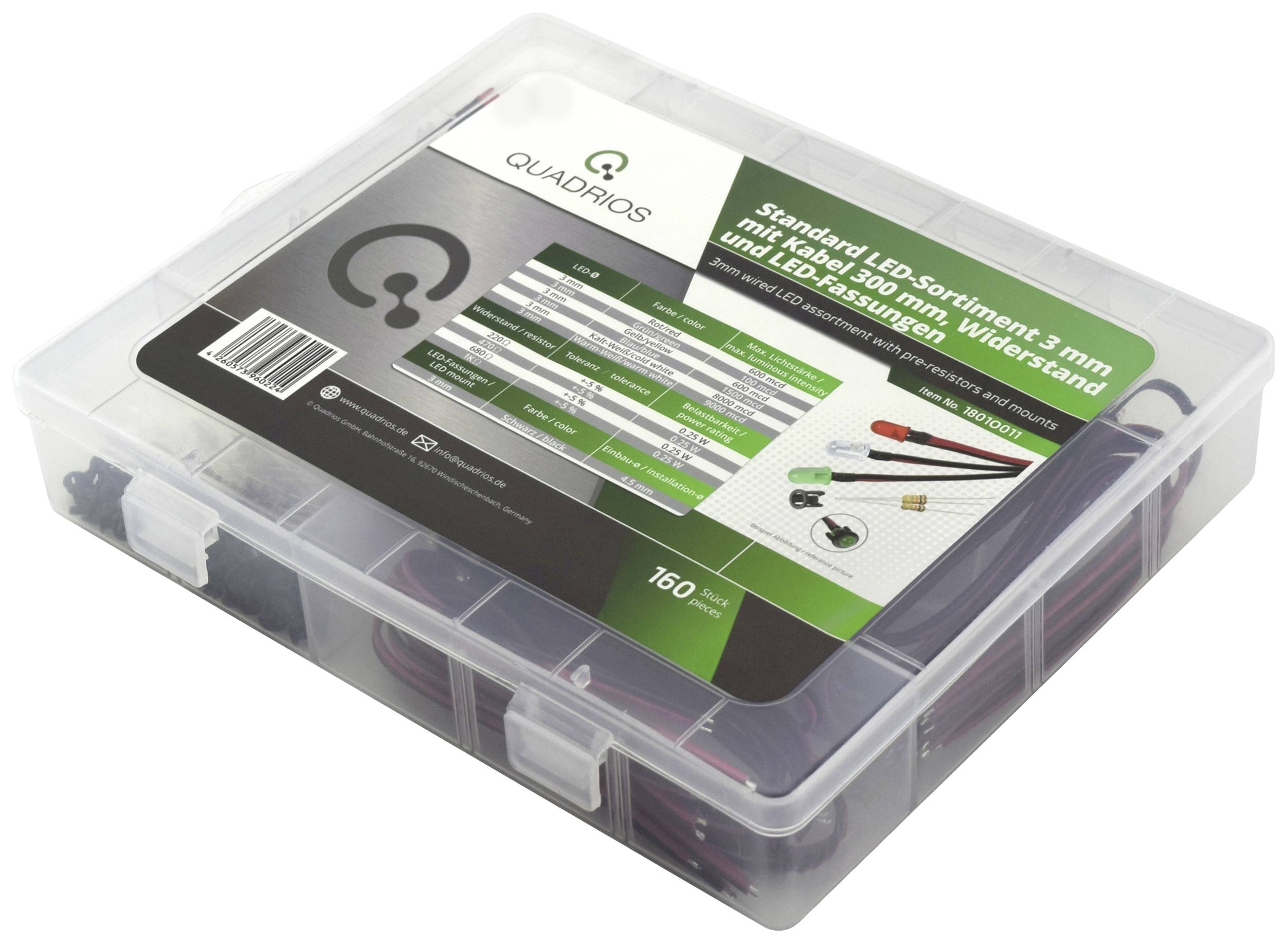 Doos met het label 'Quadrios', bevat een LED-assortiment. Op de verpakking staan specificaties en inhoud vermeld.