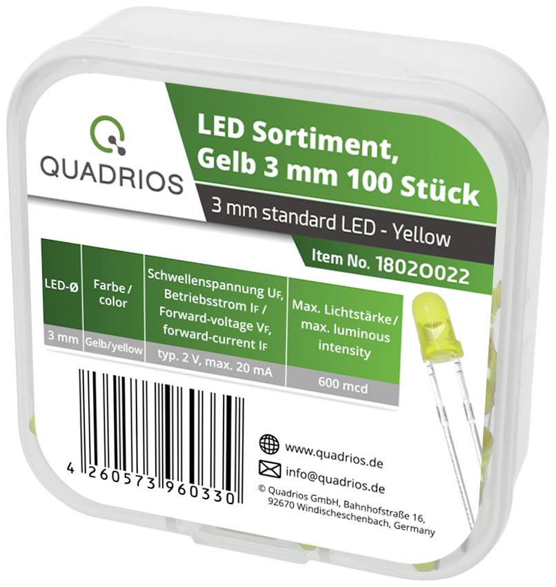 LED-set van Quadrios, bevat 100 stuks in Geel. Afmeting: 3mm, Spanning: 2V, Stroomsterkte: 20mA, Lichtsterkte: 600mcd.