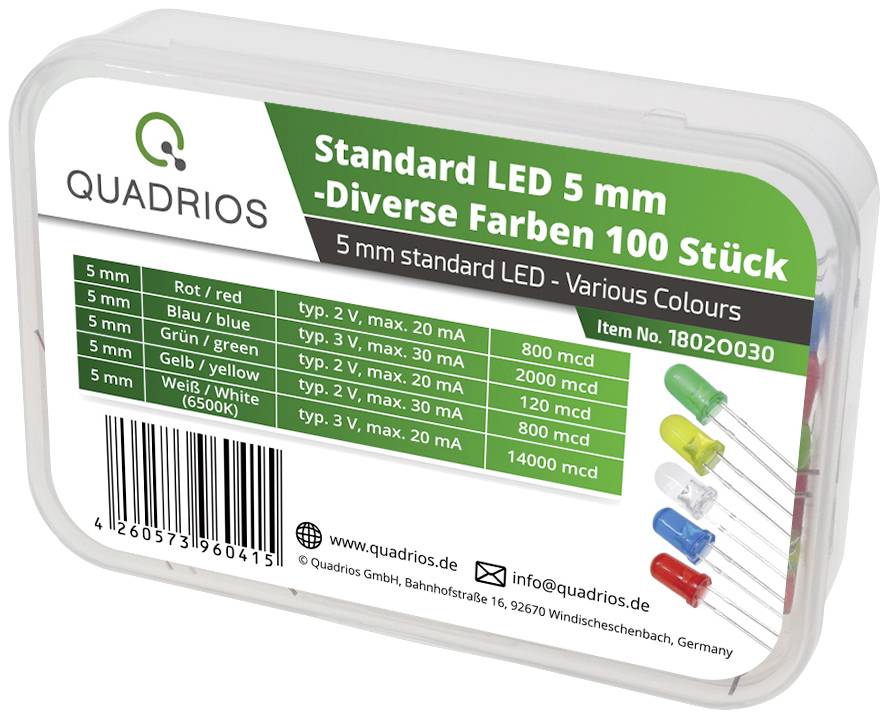 'Standaard LED 5 mm, verschillende kleuren, 100 stuks: Rood, Blauw, Groen, Geel, Wit. Types 2, 3, 4 met verschillende mcd-waarden.'