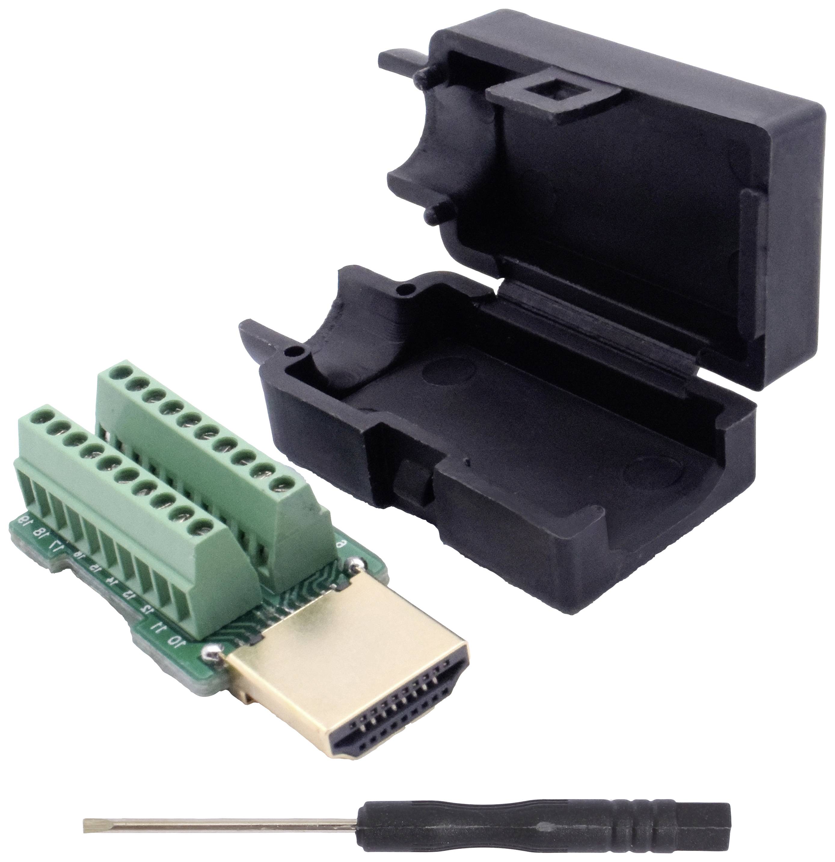 HDMI-aansluiting met groene adapter voor schroefklemmen, zwarte kunststof behuizing ernaast en een kleine schroevendraaier op de voorgrond.
