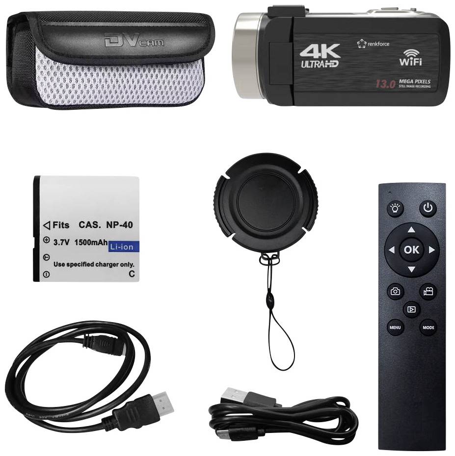 Digitale camera met 4K-ondersteuning, WiFi-functie en 13.0 megapixels, inclusief draagtas, batterij, deksel, afstandsbediening en USB-kabel.