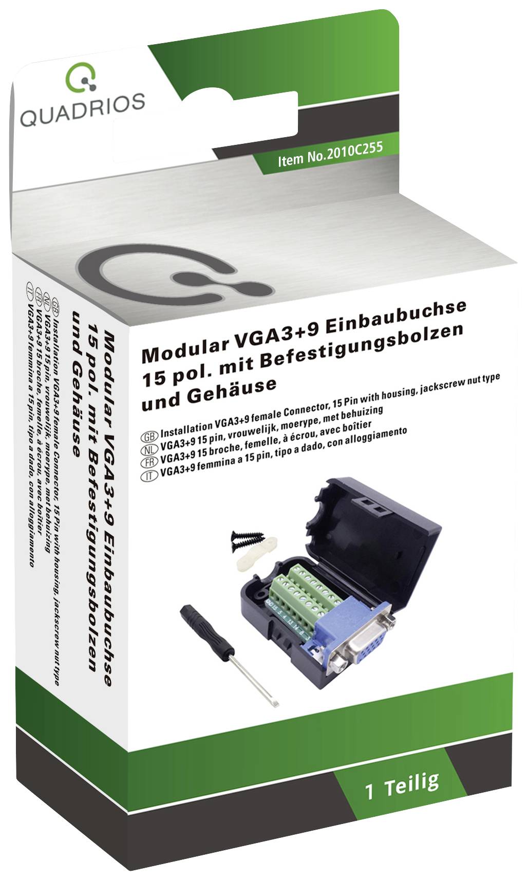 'Modulaire VGA3+9 inbouwbus 15-polig met bevestigingsbout en behuizing.' Verpakking toont een VGA-aansluitkit met schroevendraaier.