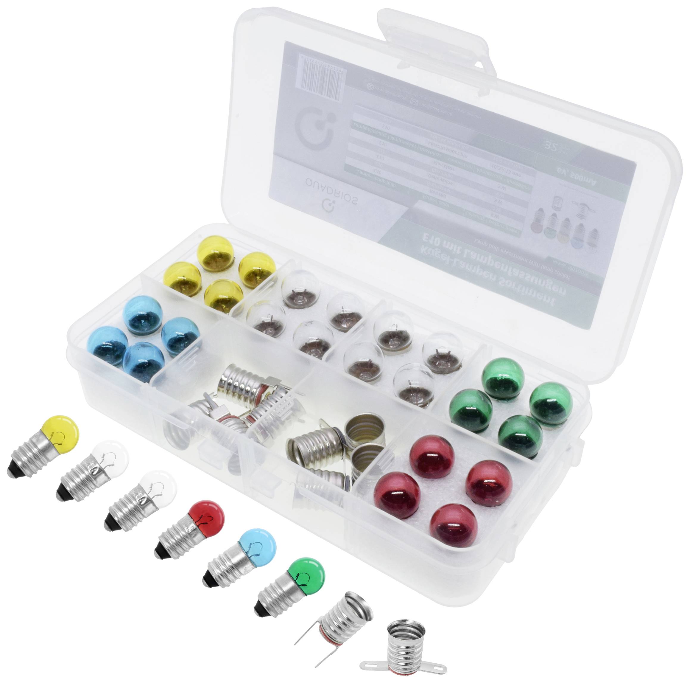 Kunststof doos met open deksel toont kleurrijke reservelampen en fittingen, gerangschikt in verschillende compartimenten.