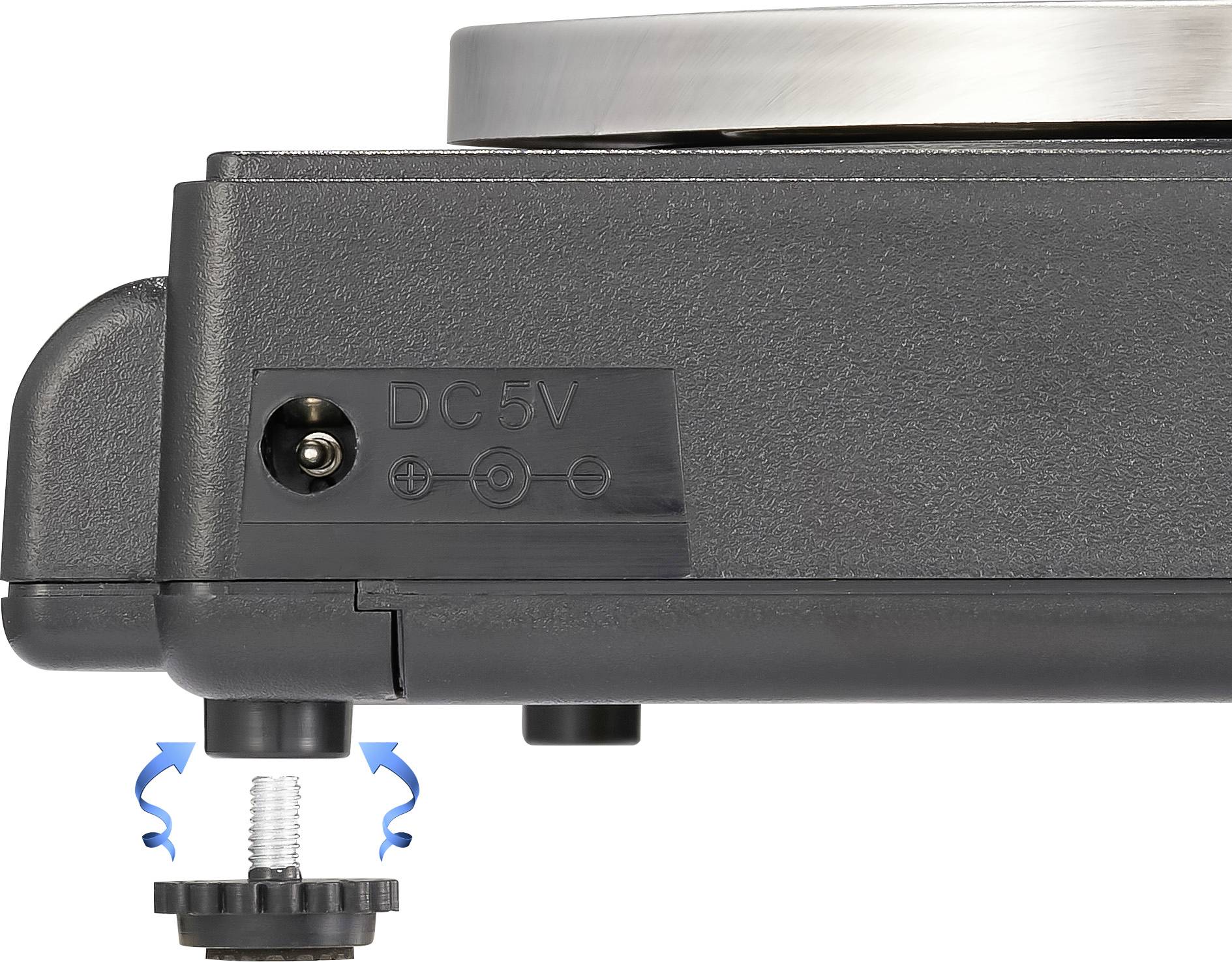 Kleine elektrische apparatuur met een DC5V-aansluiting en verstelbare steunpoten die door middel van draaien kunnen worden bijgesteld.