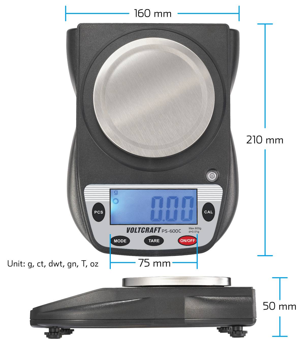 Digitale weegschaal 'Voltcraft PS-600C' met blauw verlichte display, toont '0.00'. Afmetingen: 160x210x50 mm. Eenheid: g, ct, dwt, gn, T, oz.