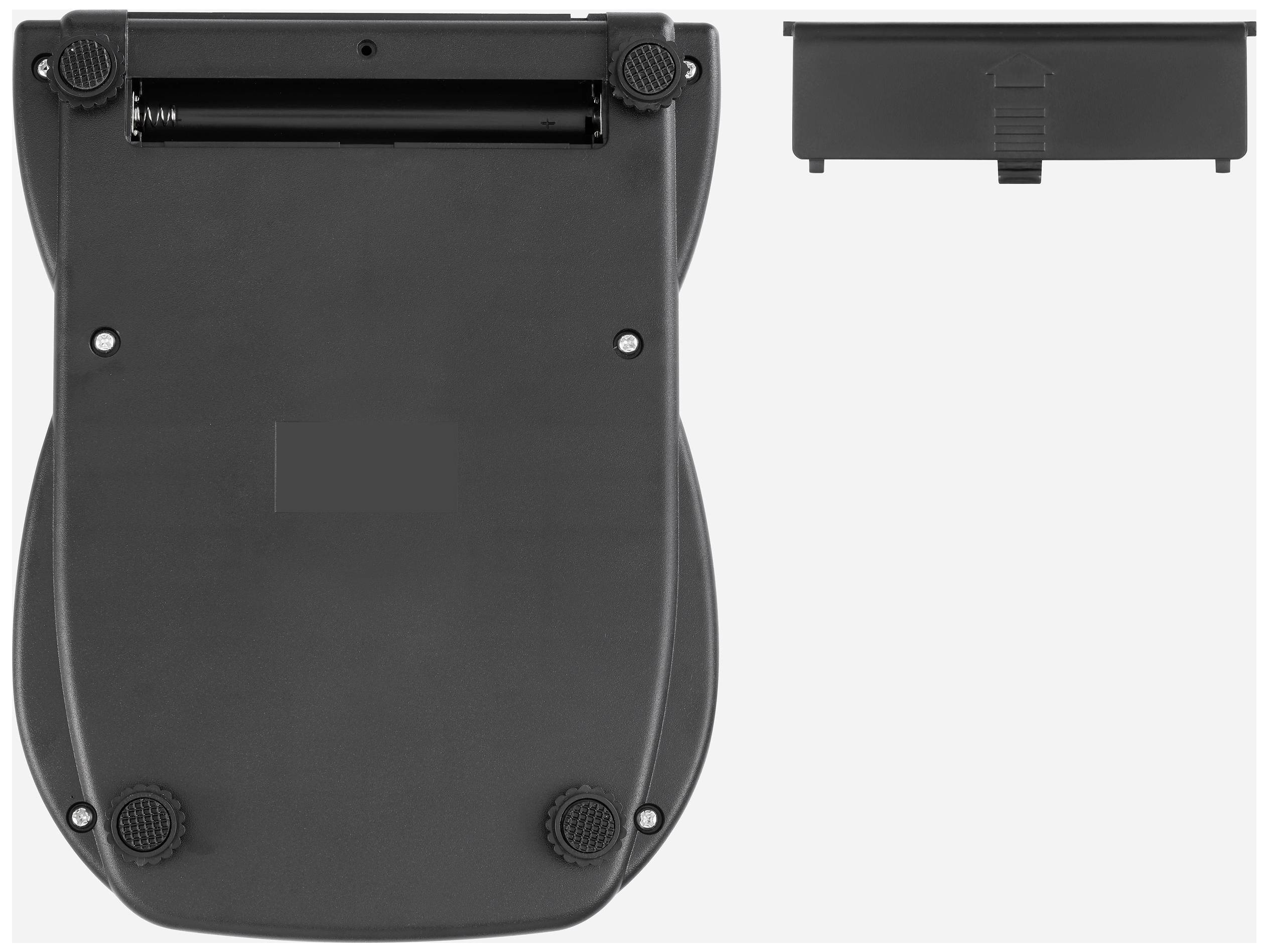 Zwart elektronisch apparaat gefotografeerd van onderen, rechthoekige vorm met afgeronde hoeken. Accessoireonderdeel bovenaan, waarschijnlijk batterijklepje.