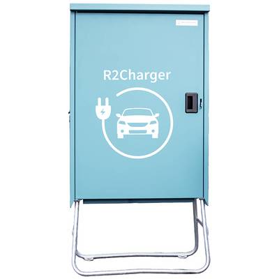 Een groene laadapparaatkast met de tekst 'R2Charger' en een symbool voor het opladen van elektrische voertuigen.