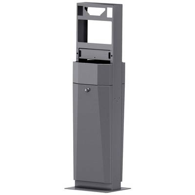 Een grijze metalen standaard met een afsluitbaar vak, geschikt voor de montage van een scherm of apparaat, bedoeld voor gebruik in openbare ruimtes.