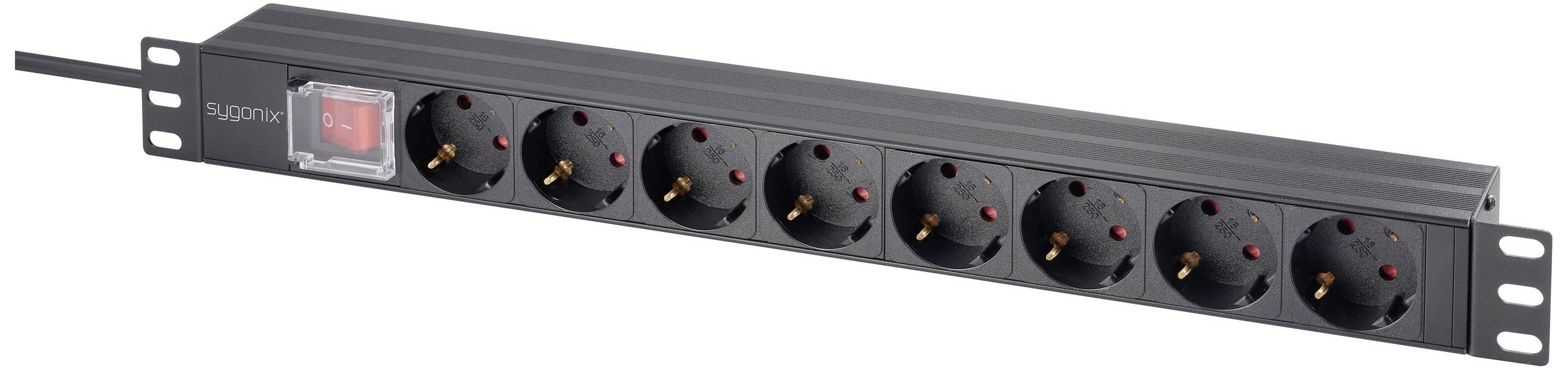 Stekkerdoos met acht aansluitingen en schakelaar, geschikt voor stroomverdeling bij elektronische apparaten, te monteren.