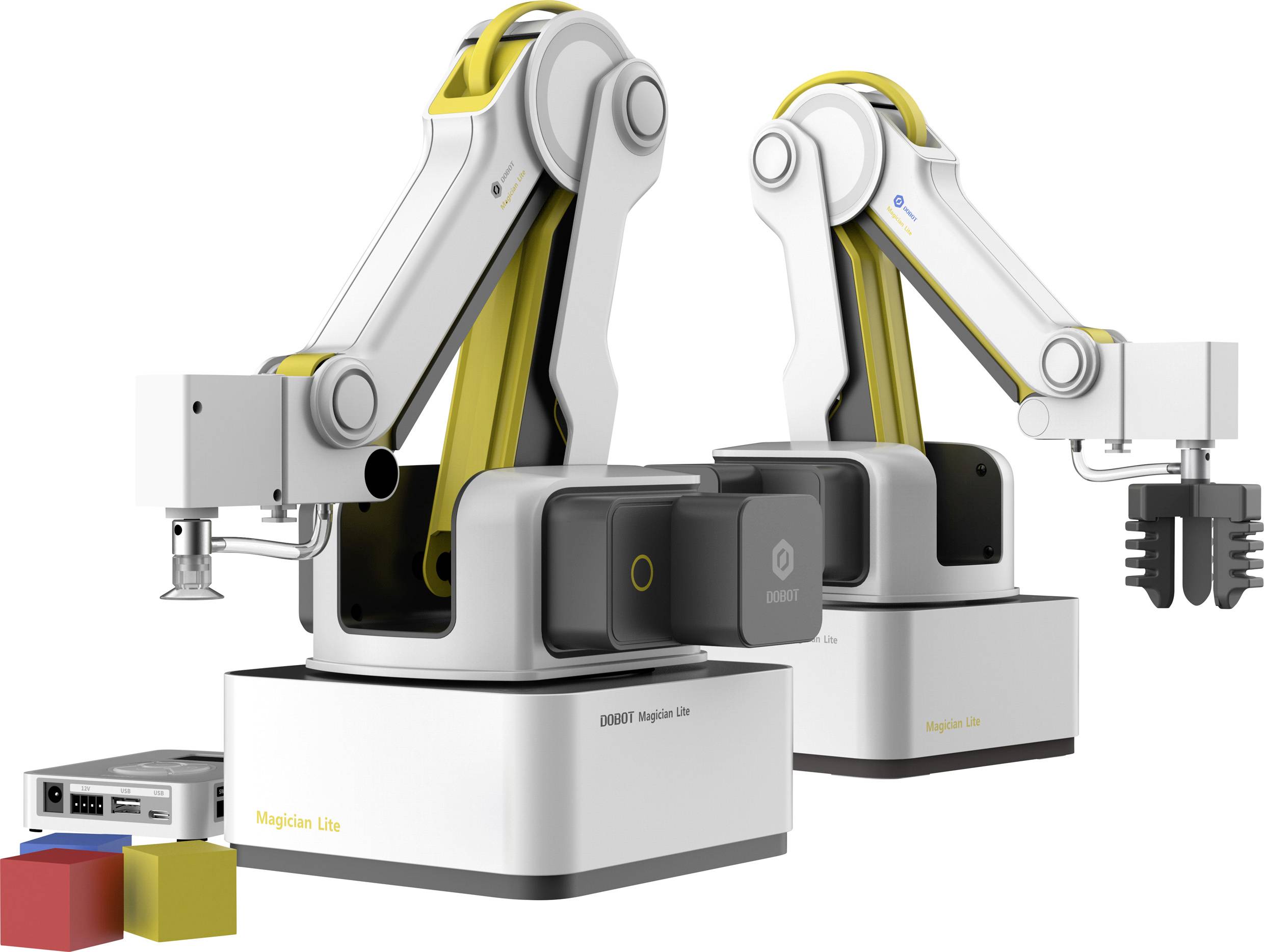 Twee mechanische armen van de DOBOT Magician-serie voeren taken uit met dobbelstenen en grippers. Apparaten zijn gemonteerd op witte basissen.