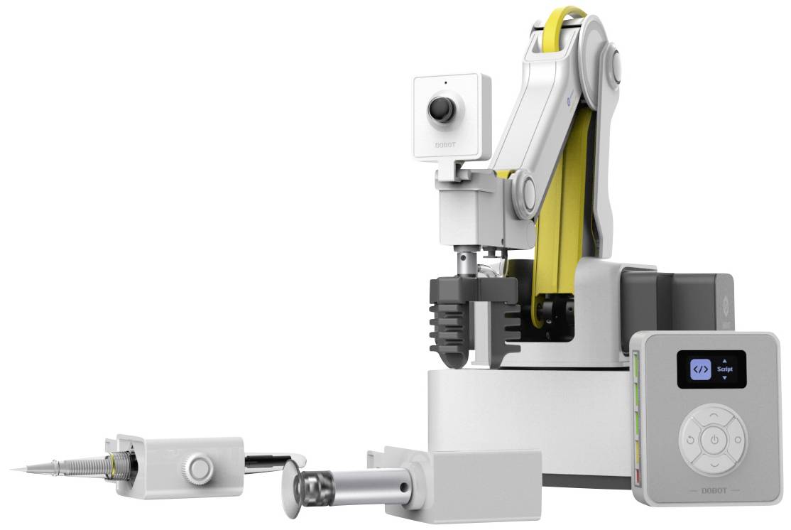 Een kleine industriële robotarm met grijper, camera en besturingseenheid, geschikt voor precisie montage- of laboratoriumwerkzaamheden.