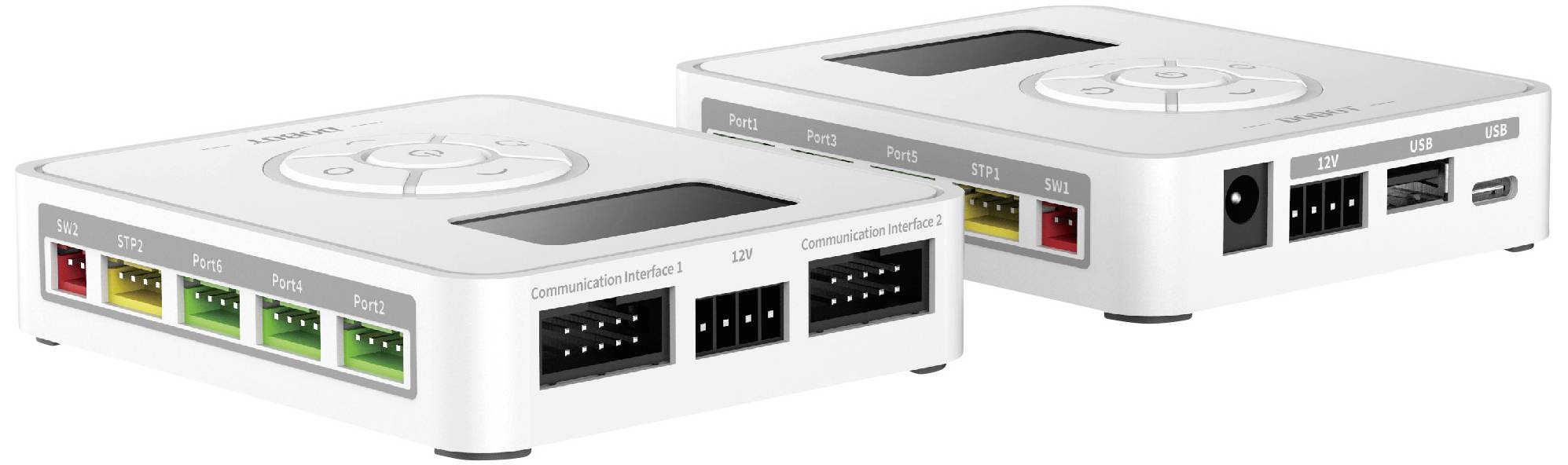 Twee witte elektronische apparaten met meerdere kleurgecodeerde aansluitingen en toetsen aan de bovenkant.
