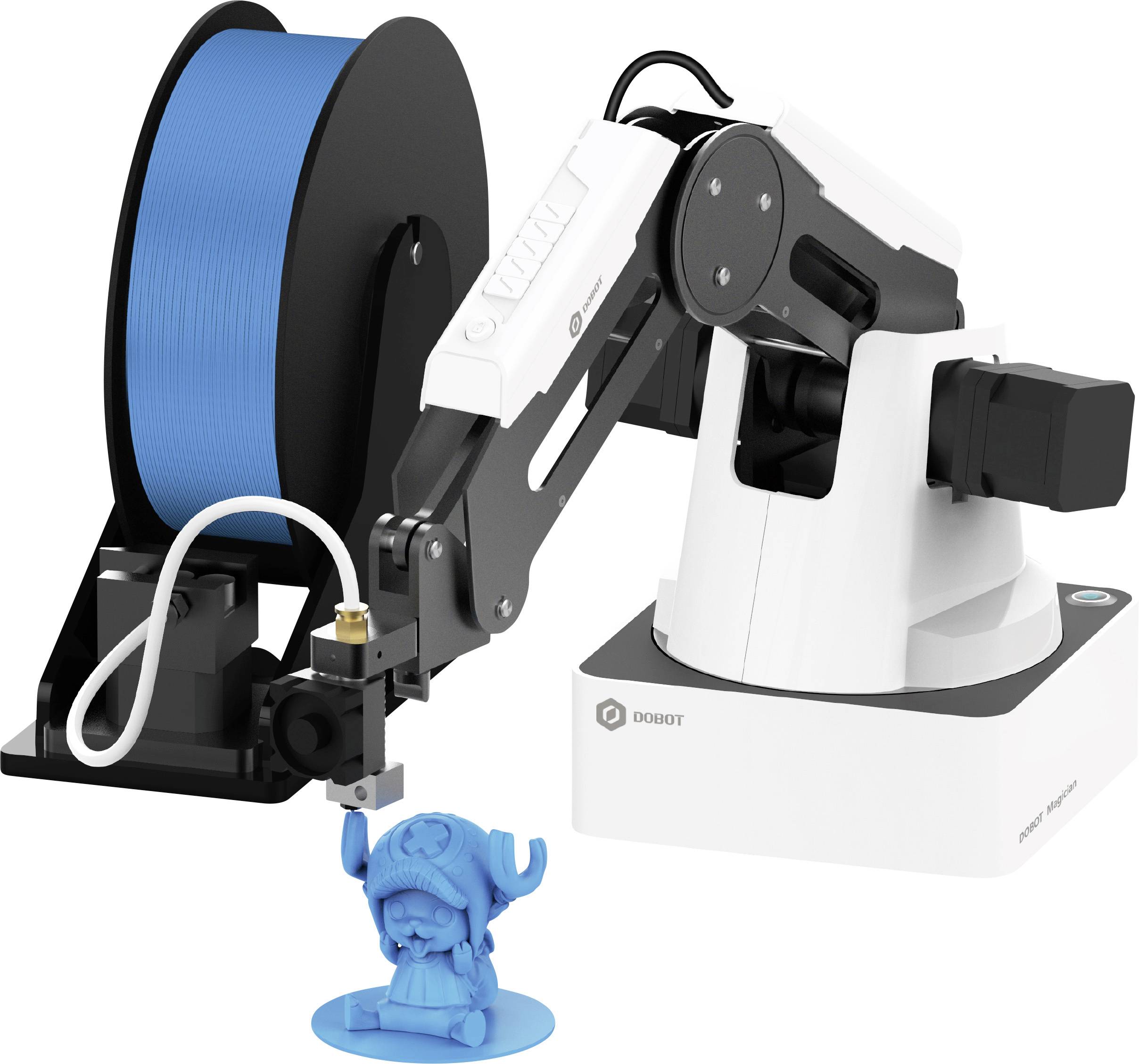 Een 3D-printerarm drukt een blauwe figuur af uit filament. Links in het beeld bevindt zich de blauwe filamentrol.