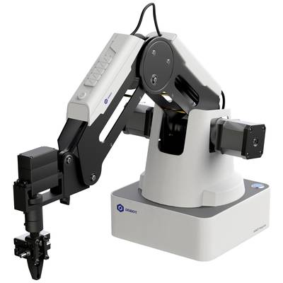 Een witte robotarm met grijper op een tafel. Hij heeft meerdere gewrichten voor beweging en draagt het logo 'DOBOT'.