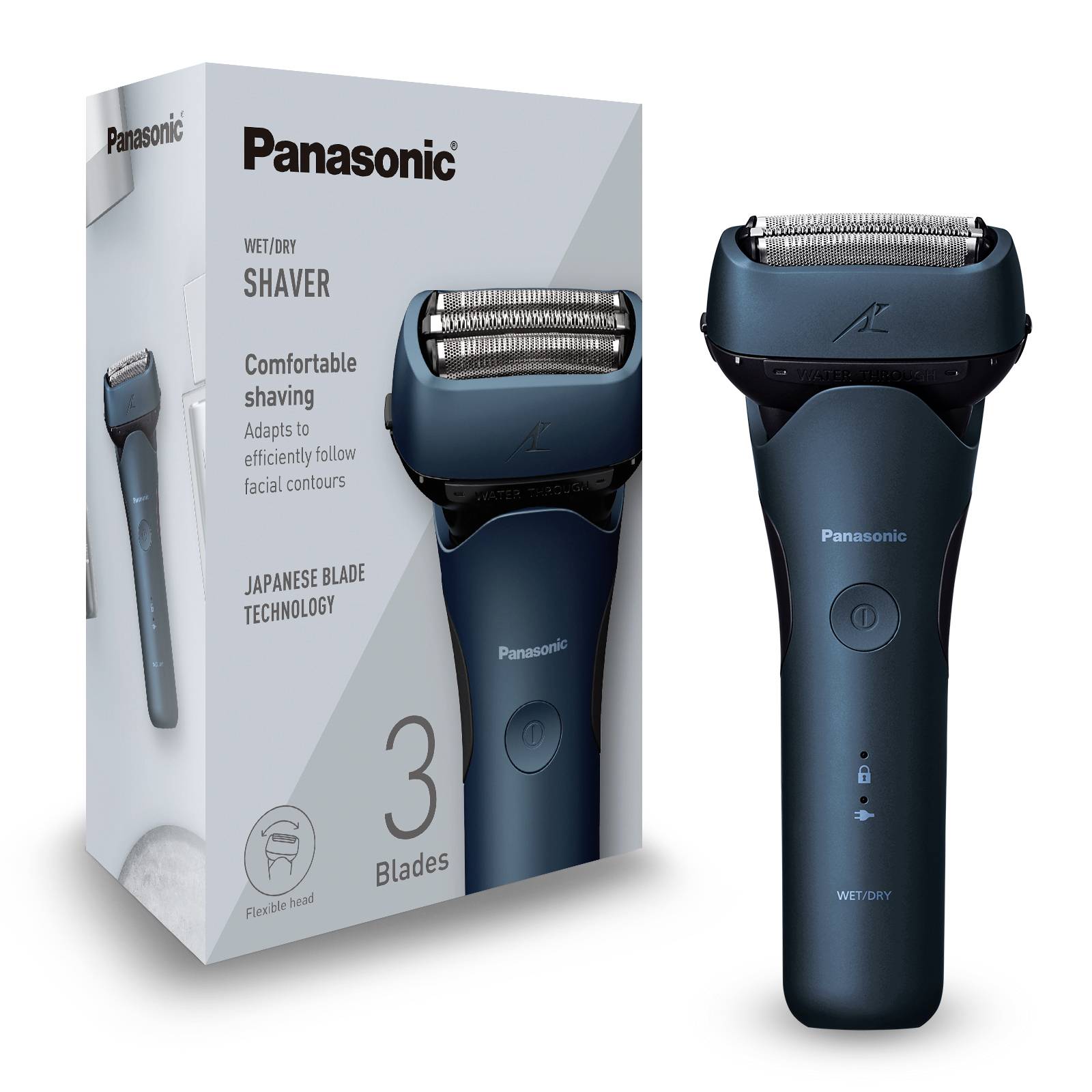 Panasonic Elektrisch Scheerapparaat: Nat- en Droogscheren, ergonomisch ontwerp, flexibele scheerkoppen, gepromoot als comfortabel met 3 messen.