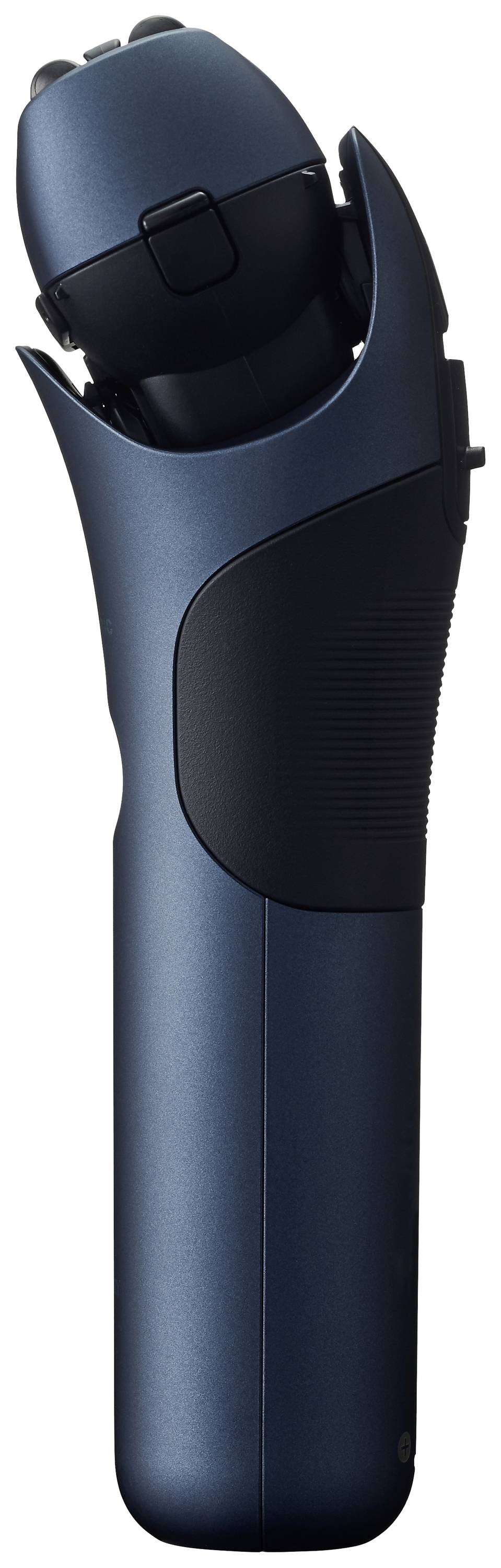 Elektrisch scheerapparaat in blauw design, zijaanzicht, toont ergonomische handgreep en kantelbare scheerkop.