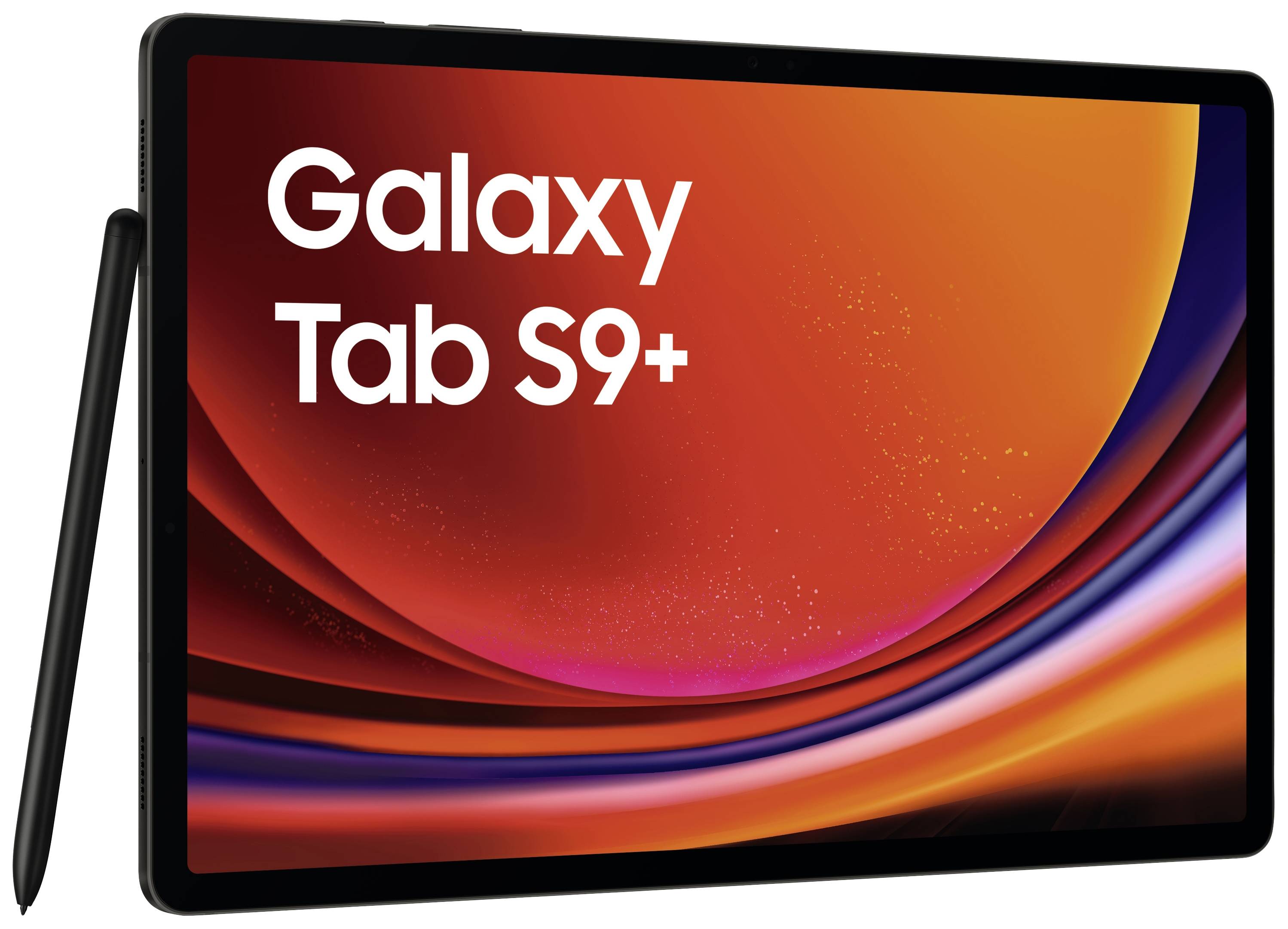 Tablet 'Galaxy Tab S9+' met stylus, op een oranje-rode achtergrond.