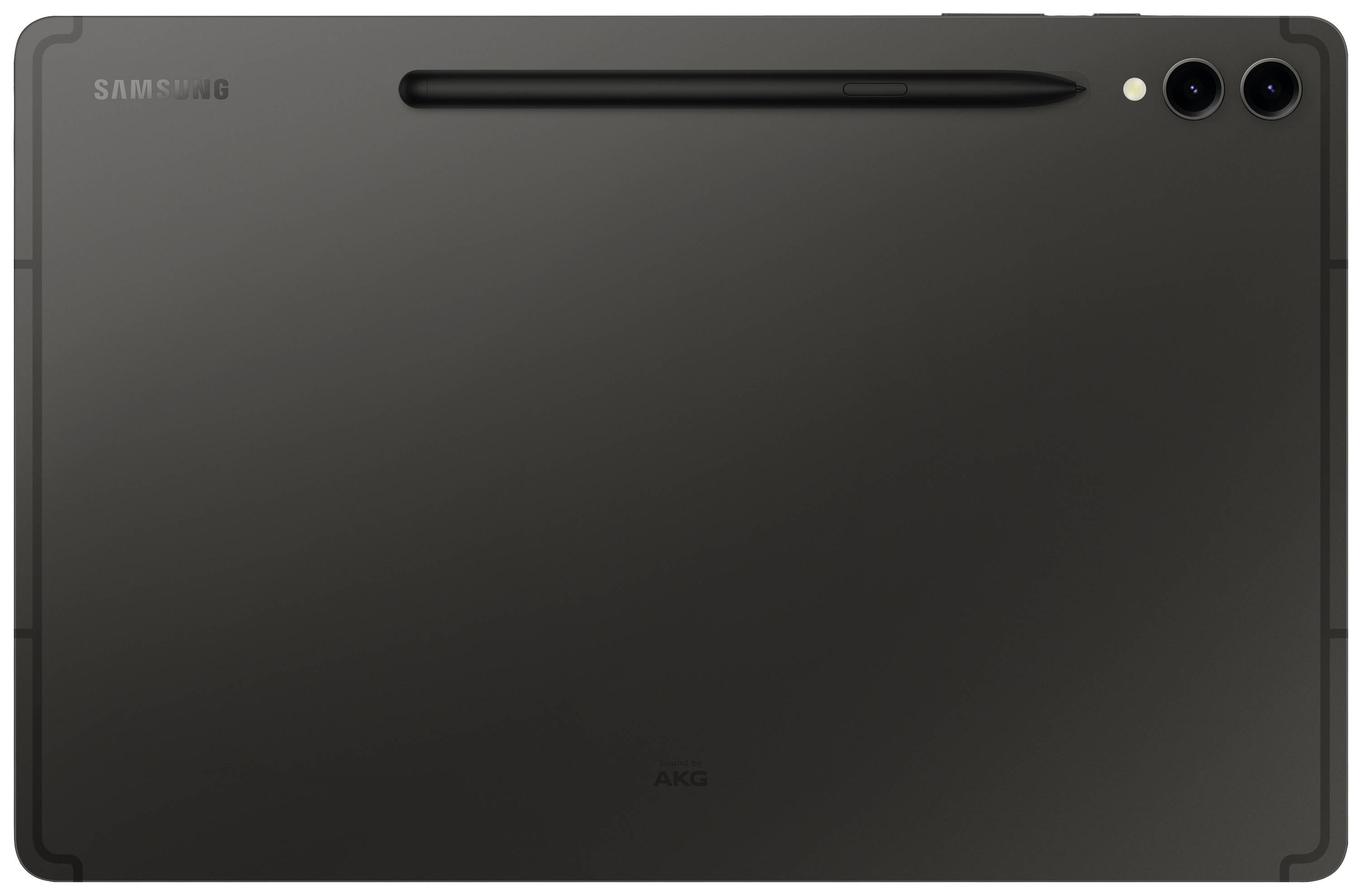 Achterkant van een zwart tablet met twee camera's rechtsboven en een stylus in de uitsparing bovenaan. Merklogo zichtbaar.