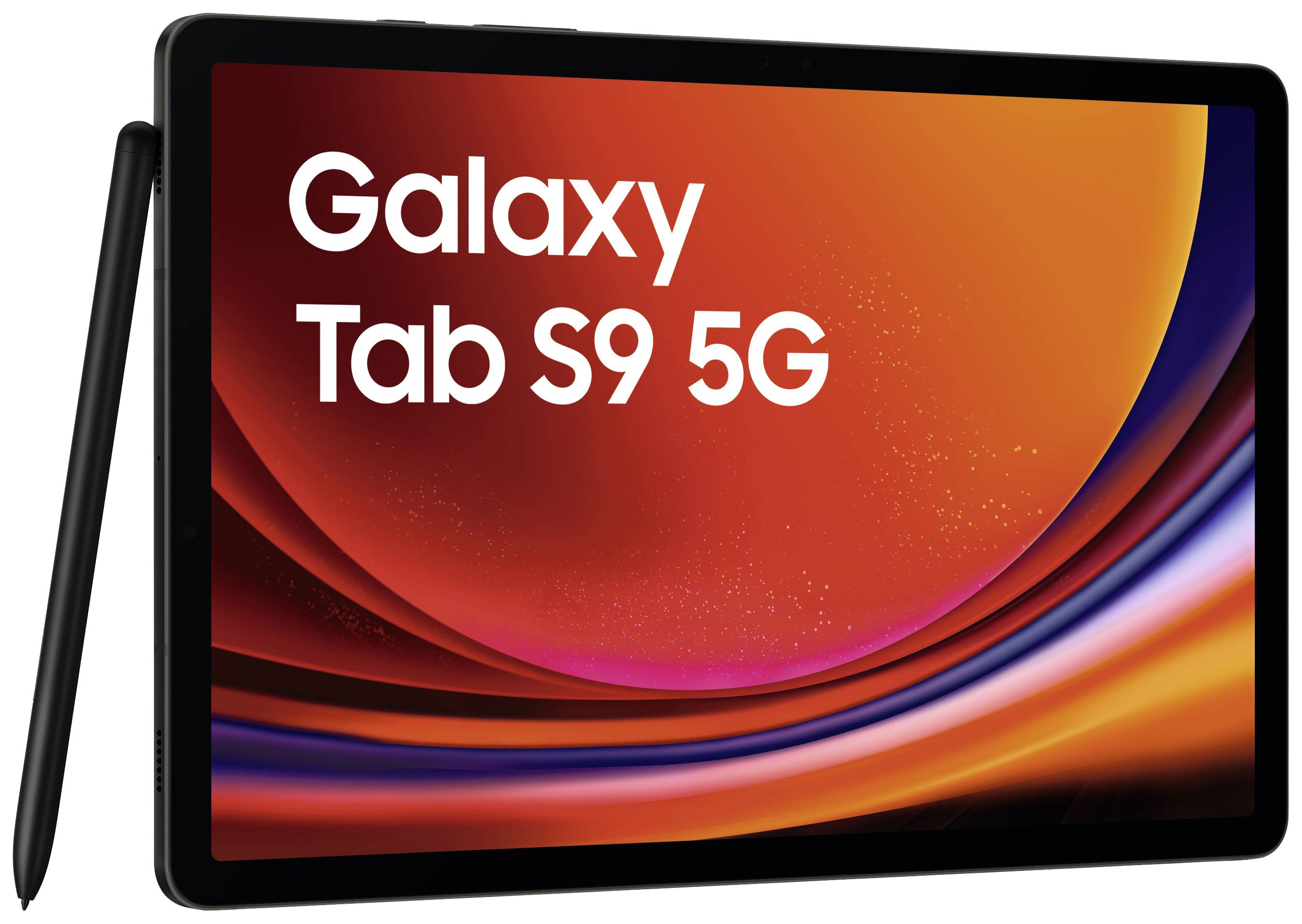 Tablet met pen, scherm toont 'Galaxy Tab S9 5G' op rode achtergrond; modern design.