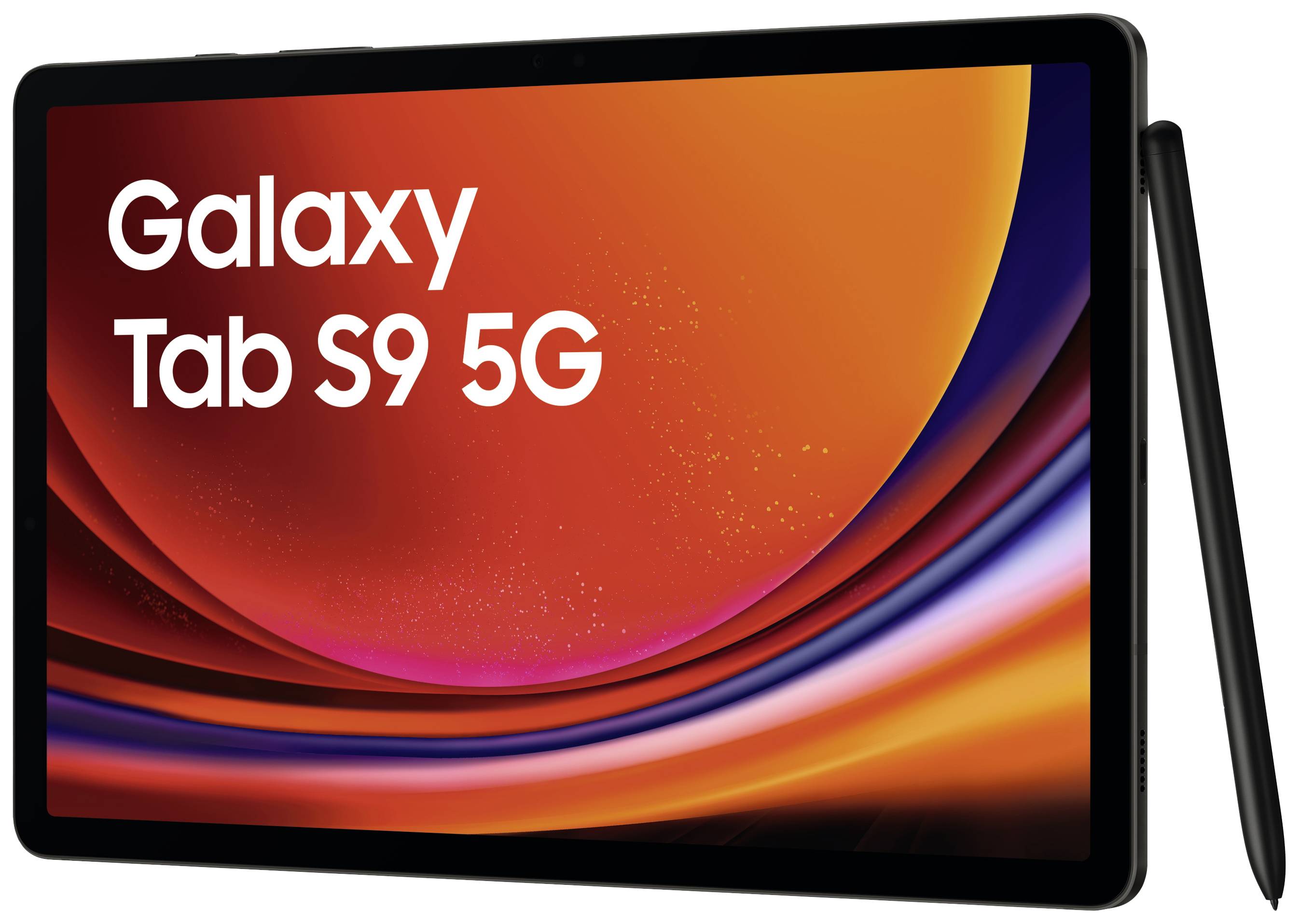 Een zwarte tablet met 'Galaxy Tab S9 5G' op het scherm. Een stylus is aan de rechterkant bevestigd.