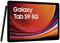 Tablet met pen voor een rode en oranje achtergrond toont de tekst 'Galaxy Tab S9 5G'.