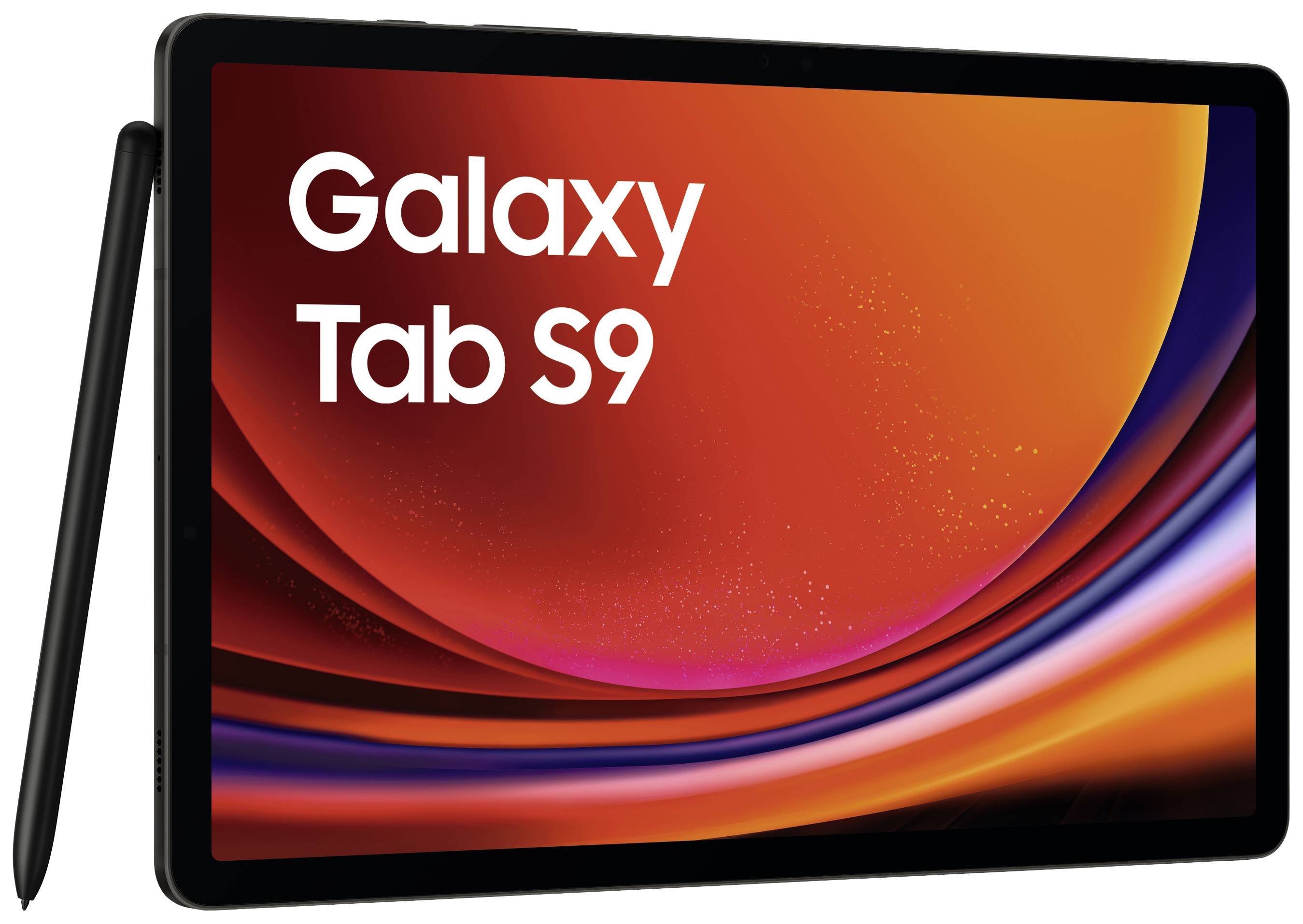 Een zwarte Galaxy Tab S9 met een stylus ernaast, voor een oranje-rode achtergrond met gebogen lijnen.