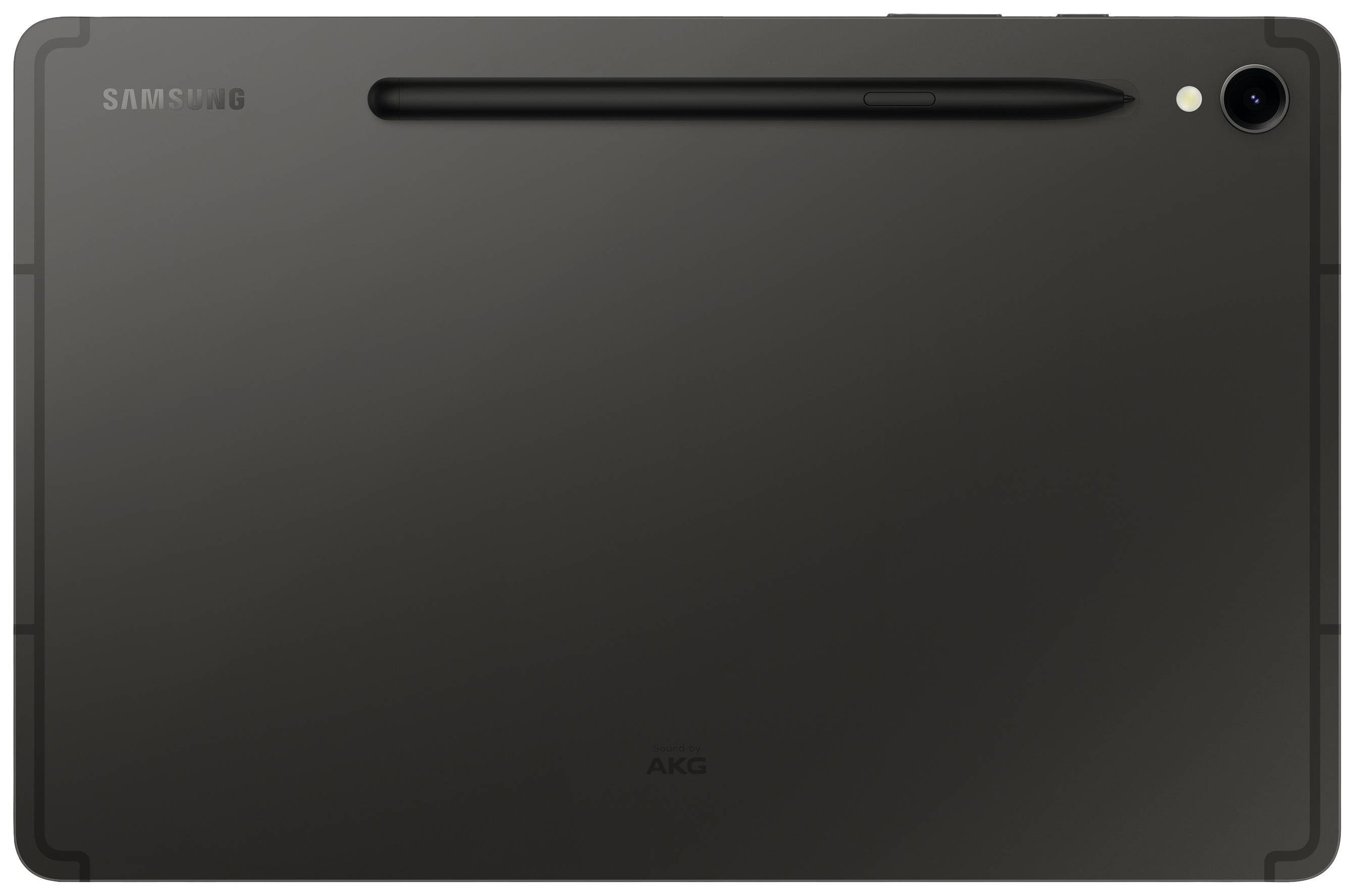 Een tablet in een zwarte hoes met een pen aan de achterkant.