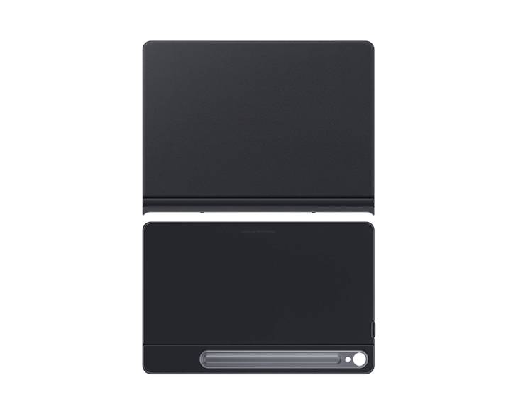 Een zwarte tablet met een afneembare zwarte toetsenbordbehuizing, apart gerangschikt, op een witte achtergrond.