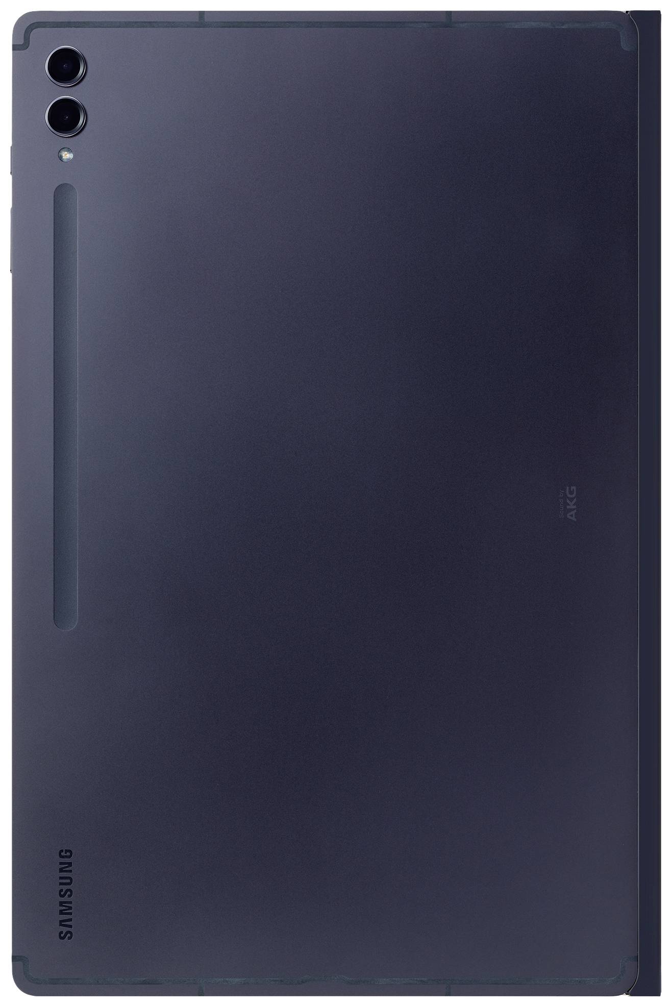 Achteraanzicht van een zwart tablet met twee cameralezes linksboven, glanzend oppervlak, gemarkeerd 'Samsung'-logo.