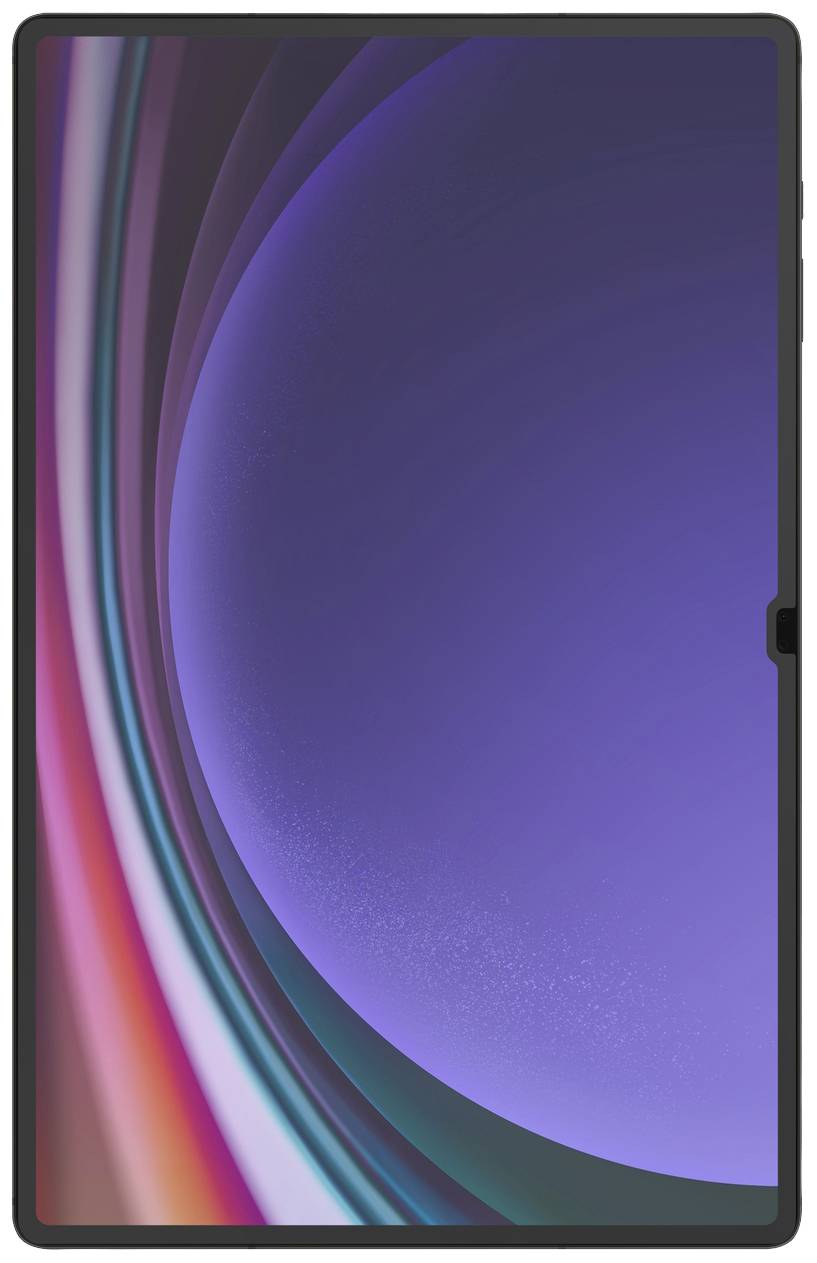 Een modern tablet met een kleurrijk scherm dat abstracte paarse en rode patronen vertoont. Geen tekstuele of figuratieve elementen.