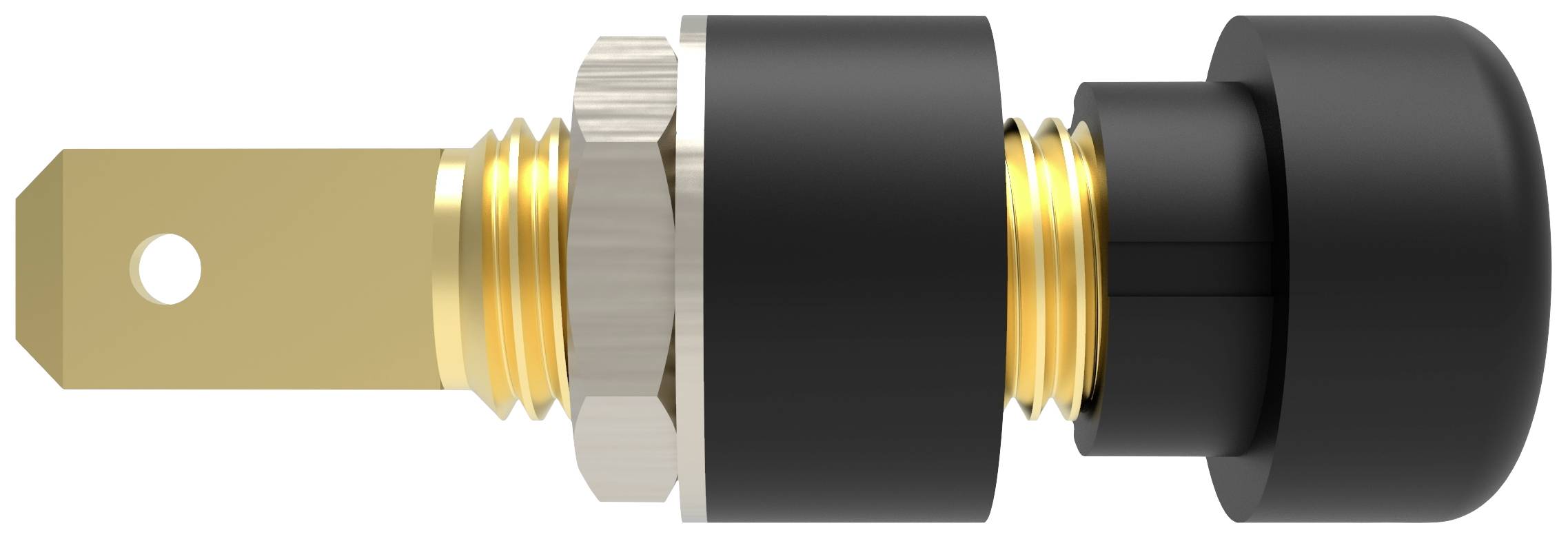 Een zwarte, cilindrische knop met een goudkleurig schroefdeel en een platte, rechthoekige metalen voet, vermoedelijk een elektrische schakelaar.