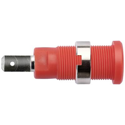 Rode bananenstekker met metalen contact en groeven voor een stevige verbinding in elektrische apparaten, gezien van opzij.