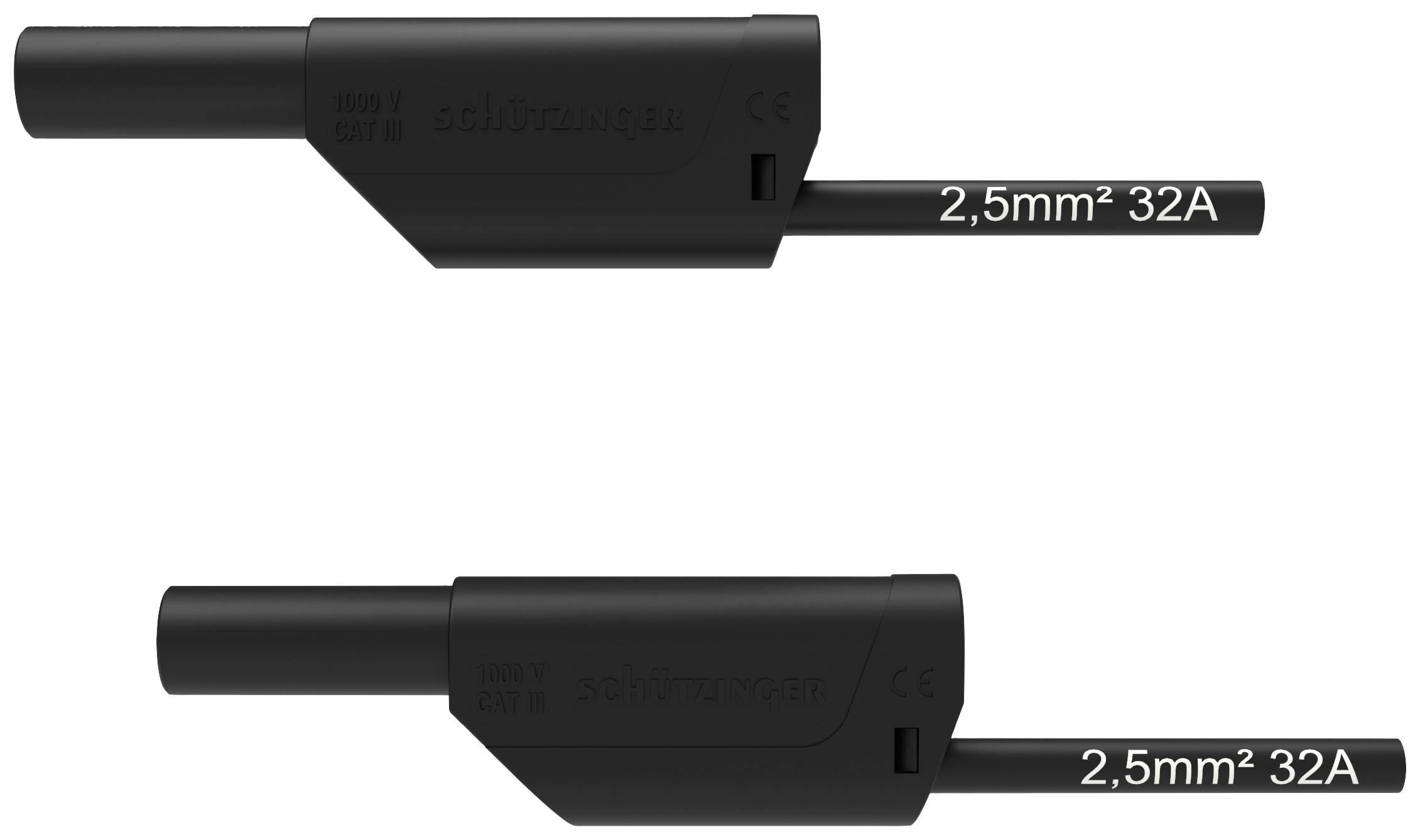 Twee zwarte elektrische stekkerverbindingen, één boven de andere, beide met de opdruk '2,5mm² 32A' op de kabel.