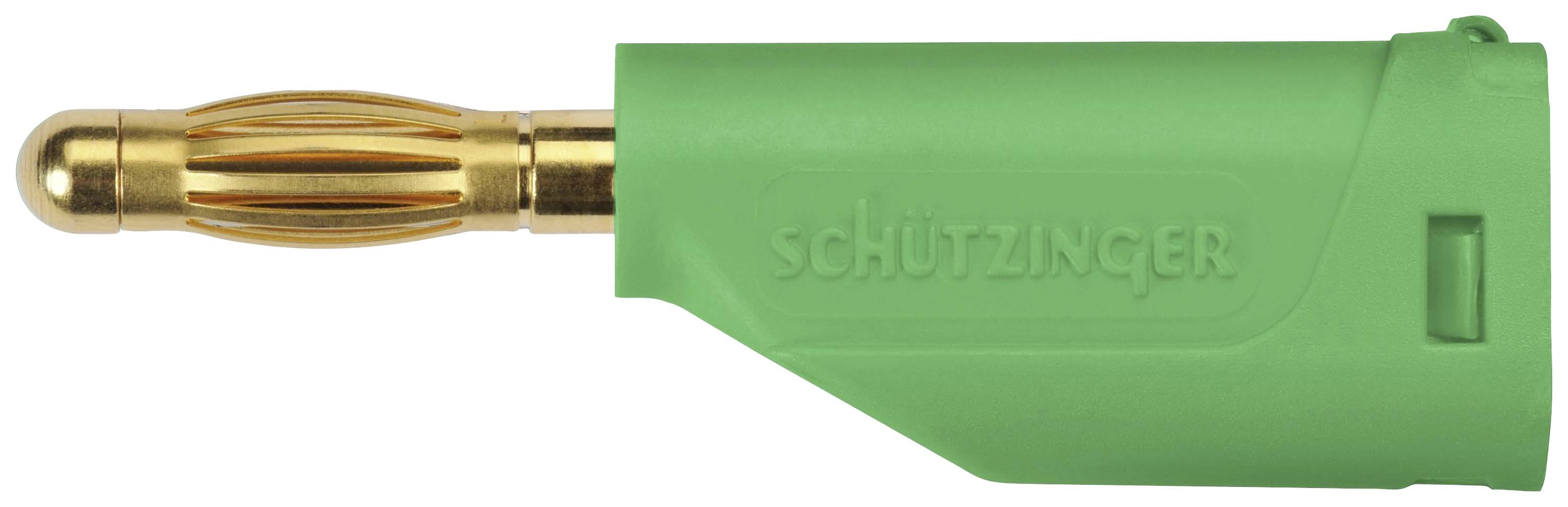Bananenstekker met een groen kunststof behuizing en gouden metalen punt, gemarkeerd met 'SCHÜTZINGER'. Elektrisch verbindingsonderdeel.