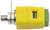 Gele aansluitstekker met metalen schroef en groene punt. Op de stekker staat 'Schutzinger'. Voornamelijk voor een veilige verbinding.