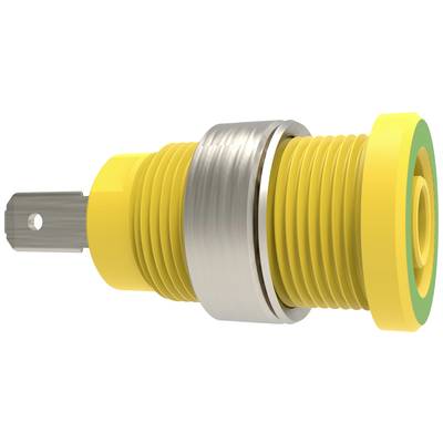 Geel-zwarte stroomstekker met een ronde metalen cilinder in het midden en een rechthoekige stekker.