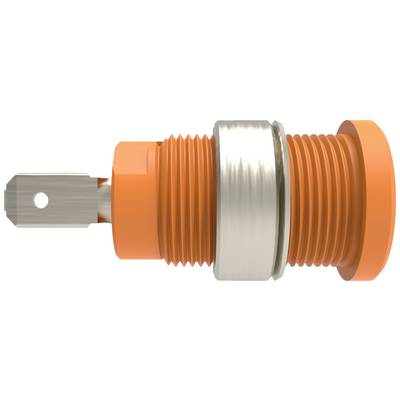 Oranje, cilindrische metalen en kunststof stekker met geribbeld schroefdraad, zijaanzicht. Wordt gebruikt voor elektrische verbindingen.