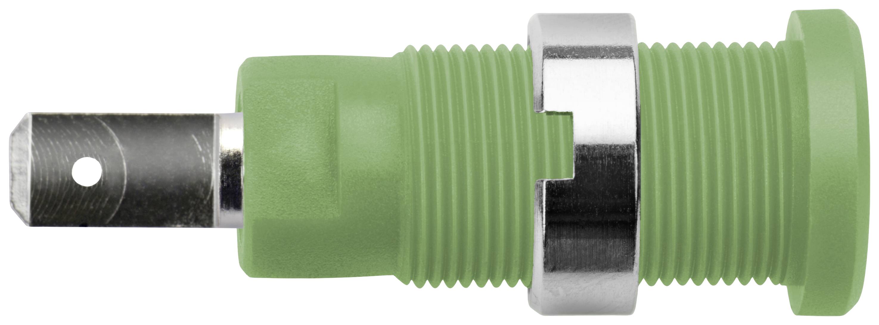 Een groene, cilindrische pin met een metalen aansluiting, waarschijnlijk een elektrisch of mechanisch onderdeel.