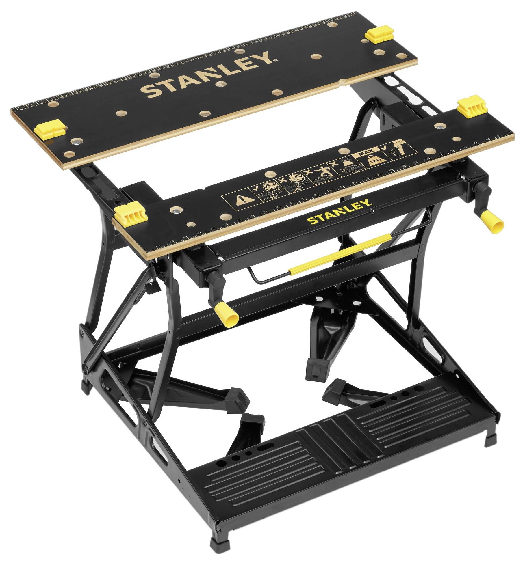 Opvouwbare werkbank van Stanley met zwart werkblad en geel logo. Geschikt voor diverse hout- en bouwwerkzaamheden.