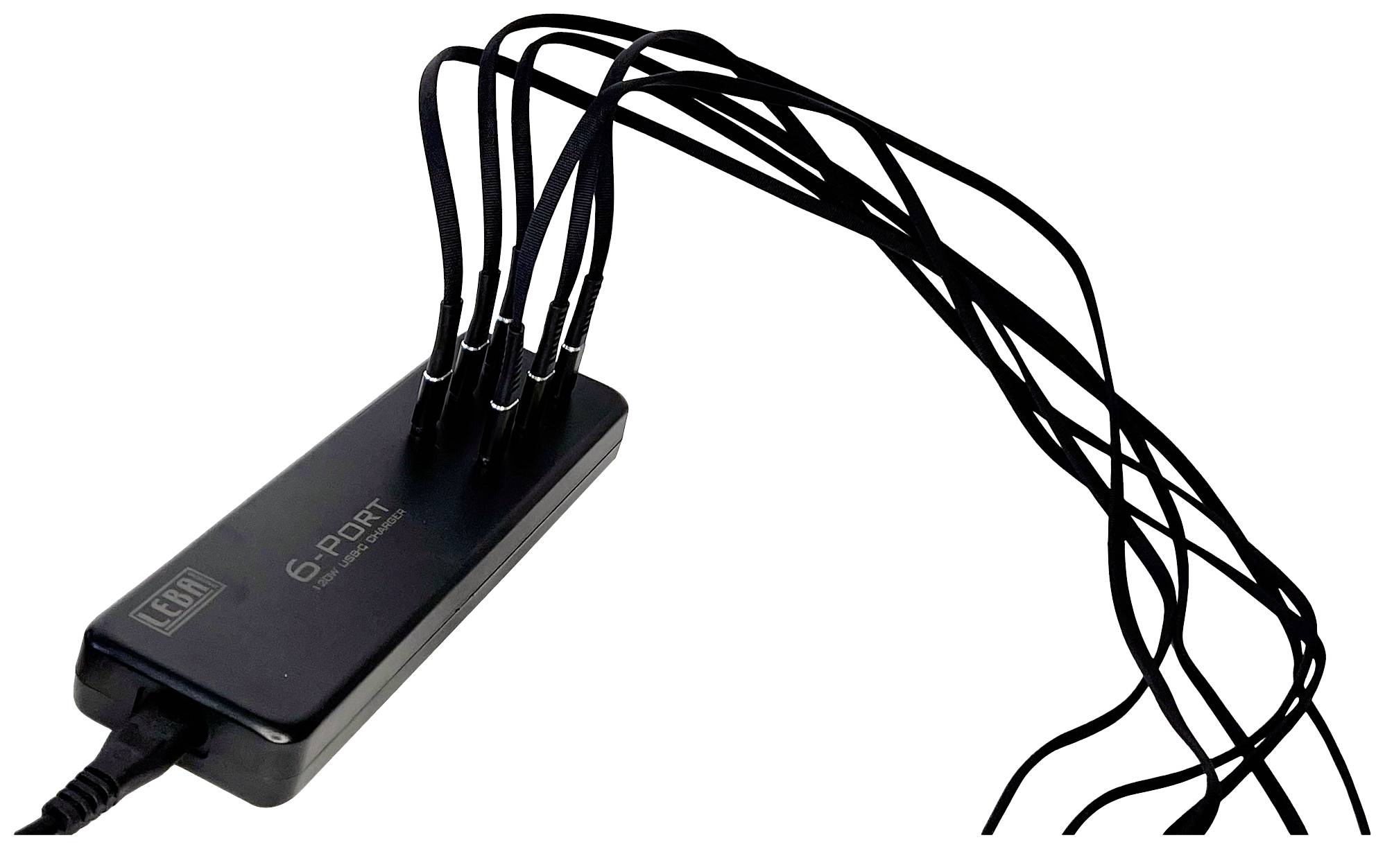 Zeszadig USB-oplaadstation met meerdere kabels aangesloten. Ideaal voor het gelijktijdig opladen van verschillende apparaten.