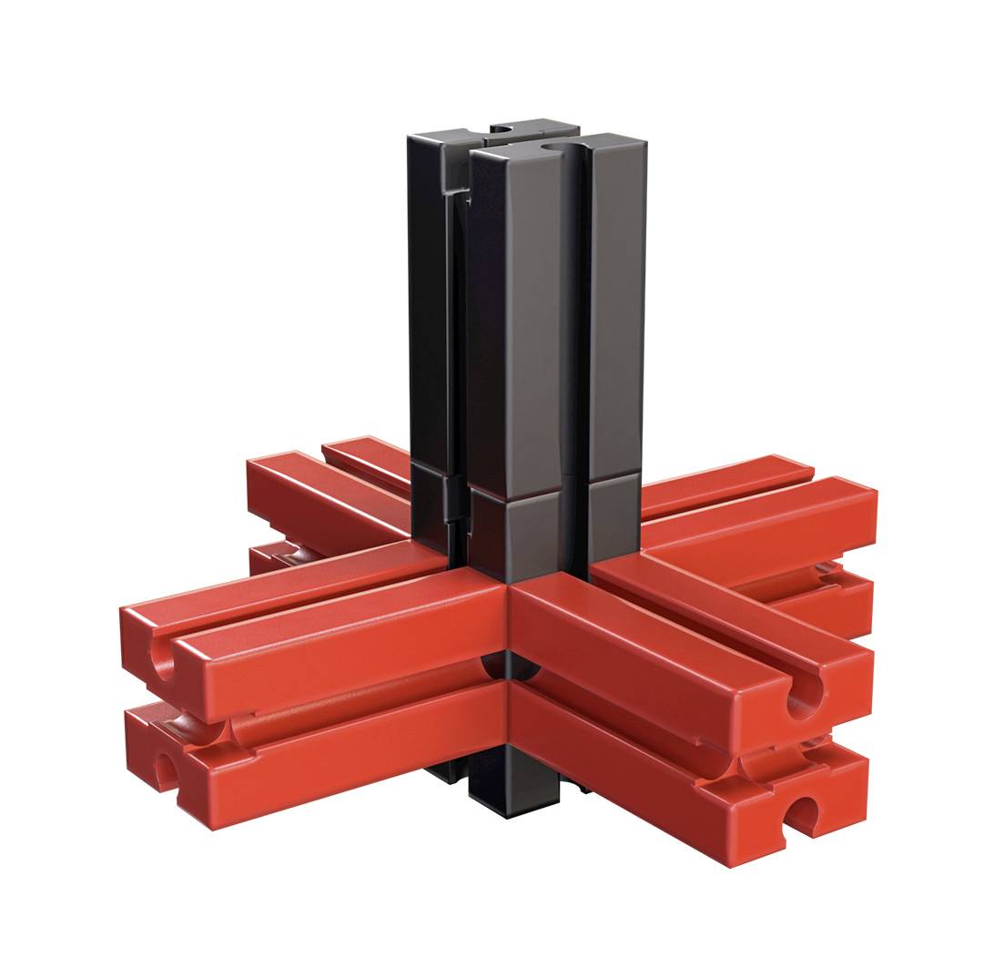 Rode en zwarte in elkaar grijpende metalen dragers vormen een geometrisch kruispatroon. Industrieel ontwerp, modern en symmetrisch.