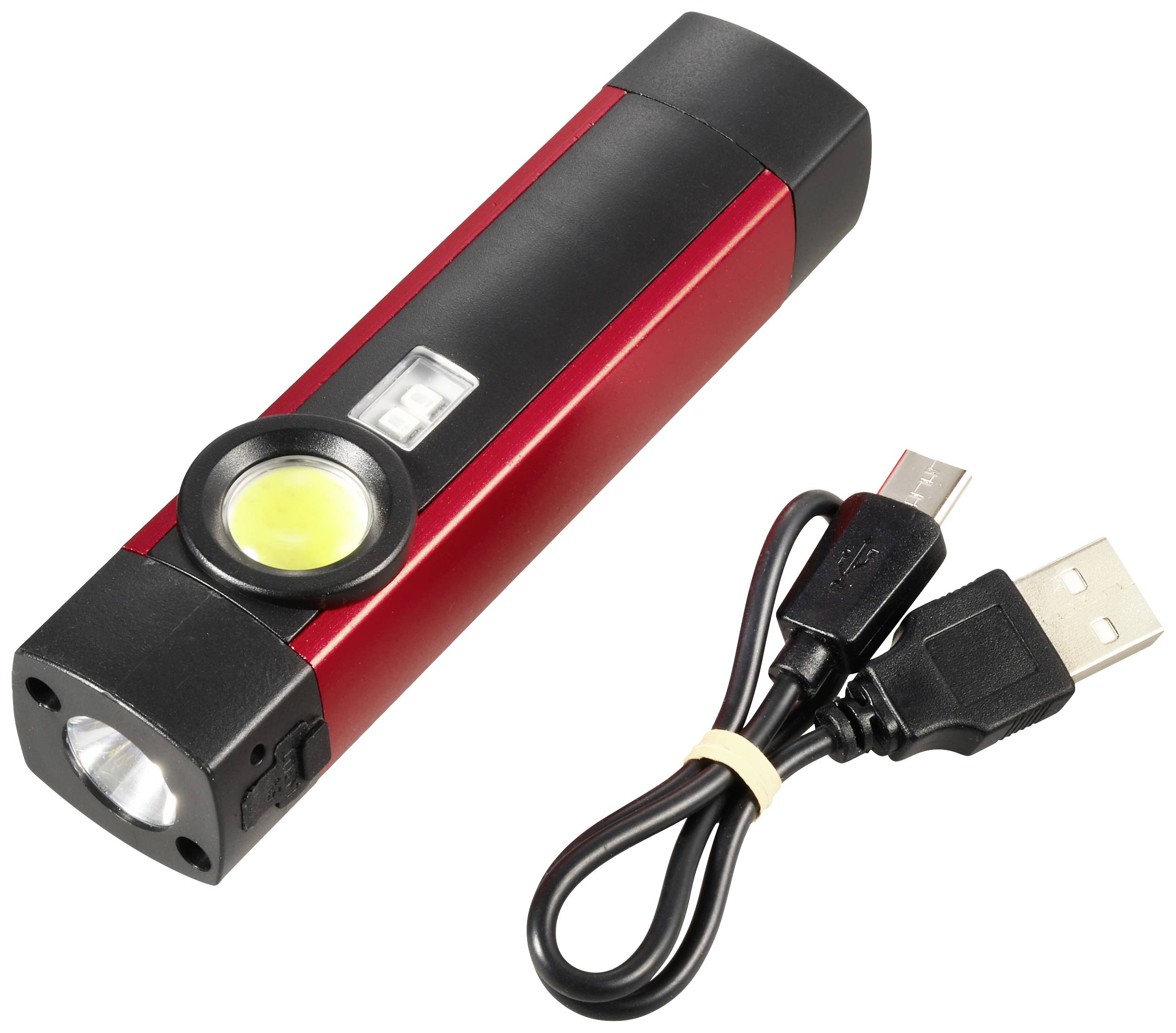 Rode zaklamp met USB-oplaadkabel ernaast, geschikt voor buitenactiviteiten.