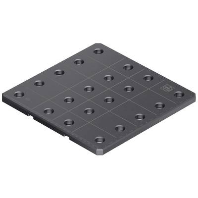Een zwarte metalen blok met verschillende gaten op gelijkmatige afstanden. Mogelijk gebruikt voor industriële of technische toepassingen.