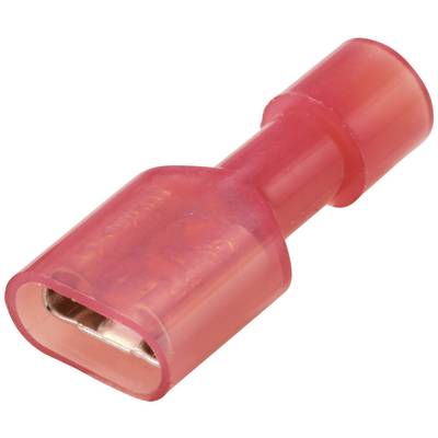 Rode, geïsoleerde, vrouwelijke elektrische aansluitingsconnector in cilindrische vorm met metalen opening.