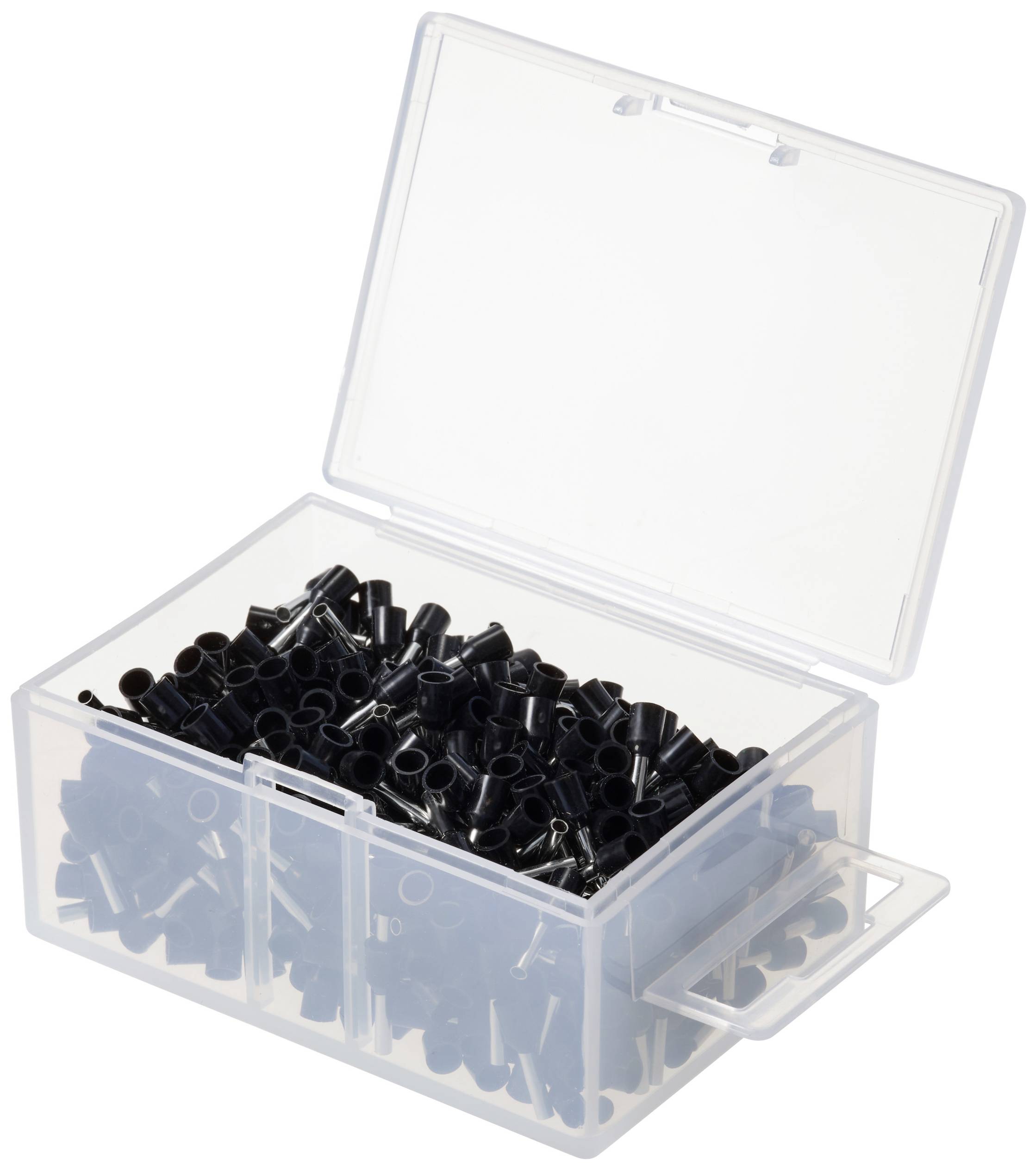 Transparante plastic doos met open deksel, gevuld met talrijke kleine, zwarte kunststof onderdelen.