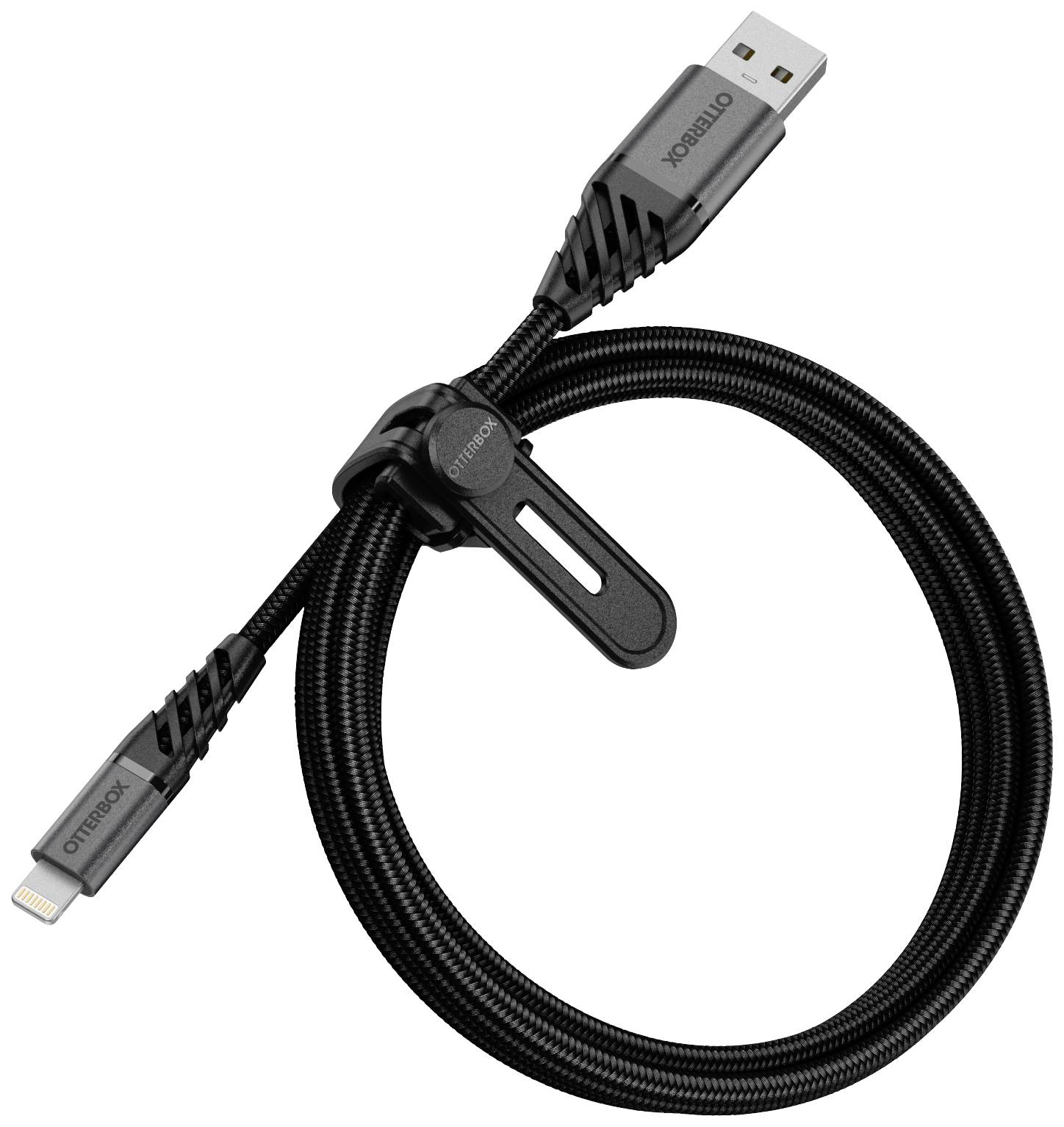 Een zwart USB-kabel met een Lightning-aansluiting en een rubberen kabelband.