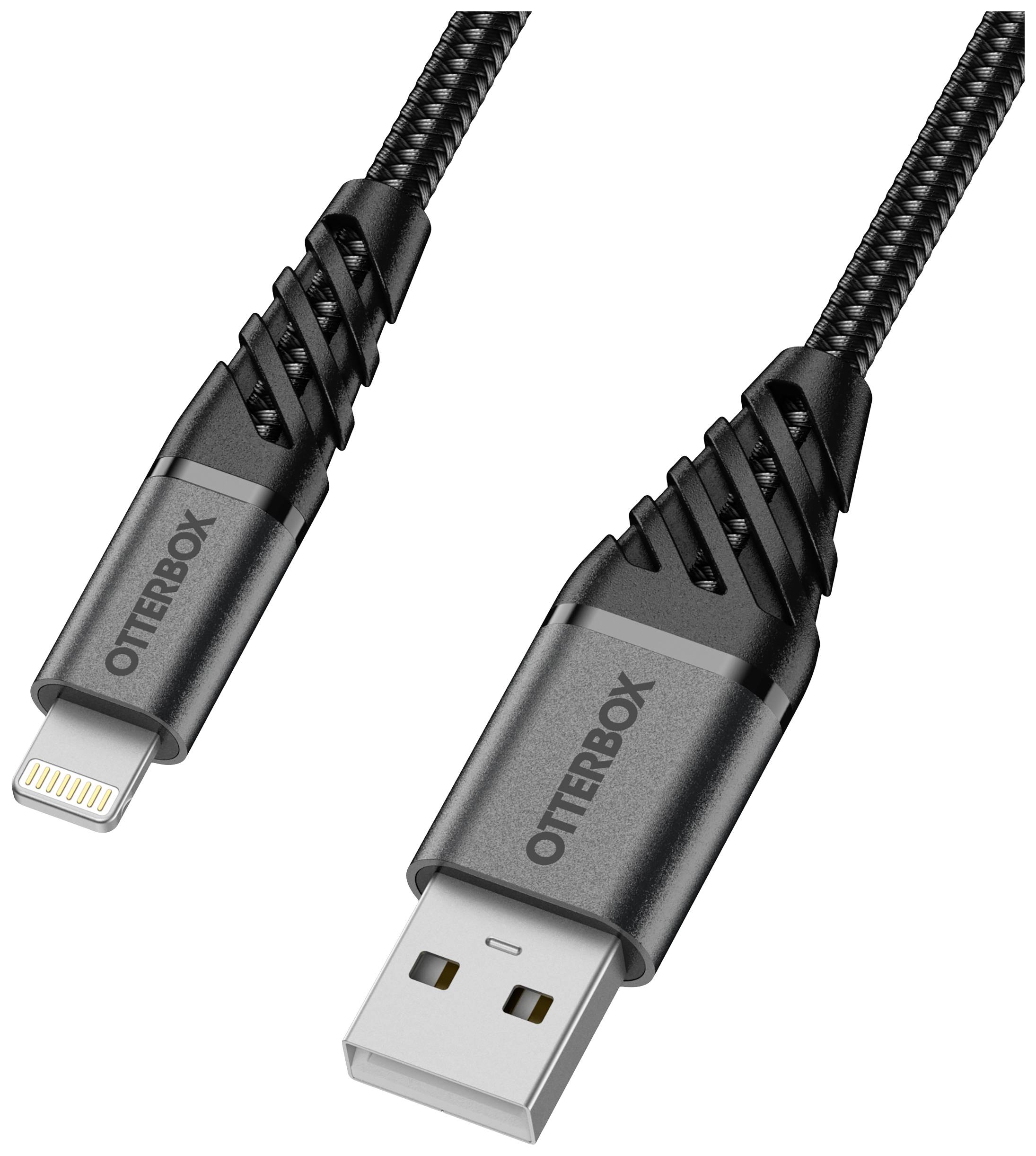 Een zwart Otterbox-oplaadkabel met USB- en Lightning-aansluiting, robuust ontwerp, geschikt voor iPhones en iPads.